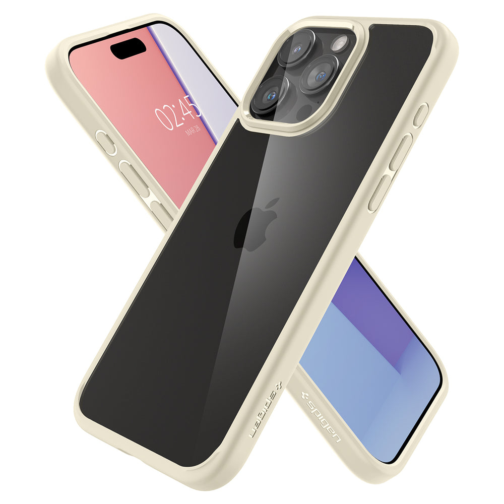 Due custodie per iPhone, una con schermo rosa che mostra l'ora, l'altra con retro trasparente e più fotocamere. Entrambe hanno cornici color crema.