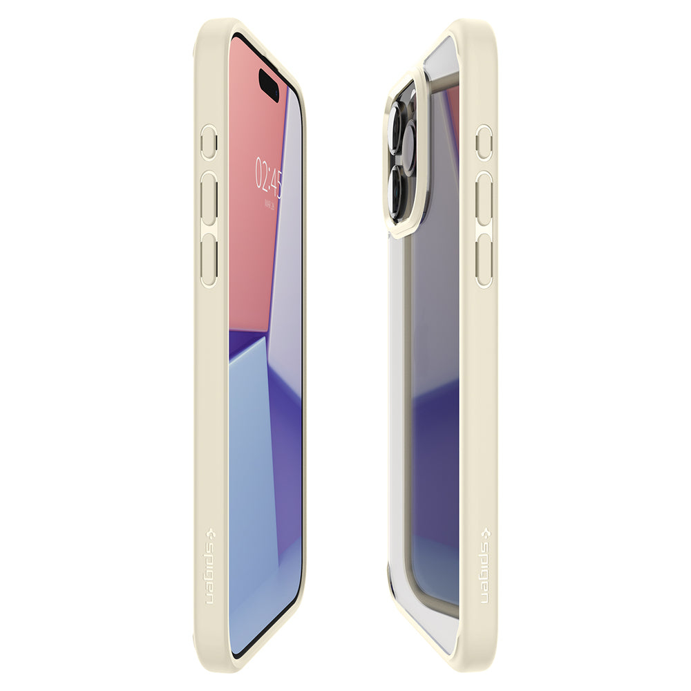 Due custodie beige per iPhone con telefoni all'interno. Uno mostra lo schermo con un orologio, l'altro le lenti.
