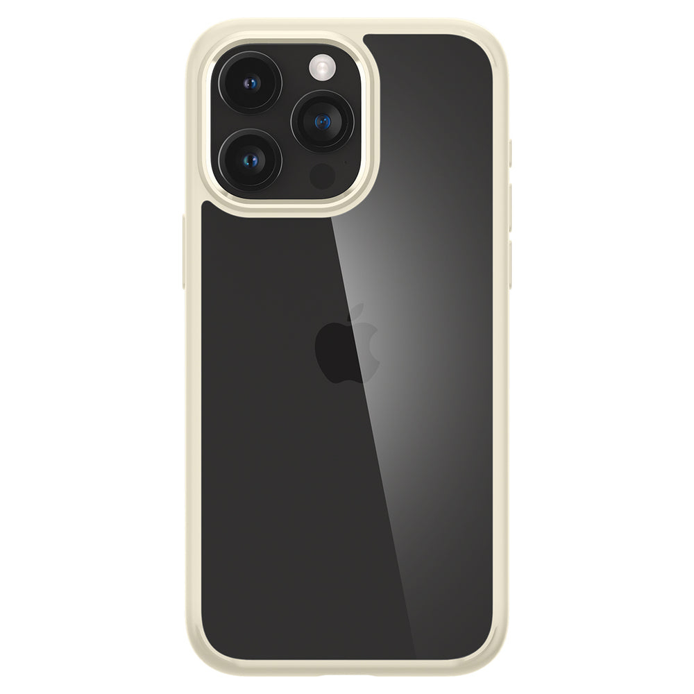 iPhone in una custodia trasparente. Il telefono ha uno schermo nero con il logo Apple. La custodia ha un bordo beige e un rigonfiamento della fotocamera.