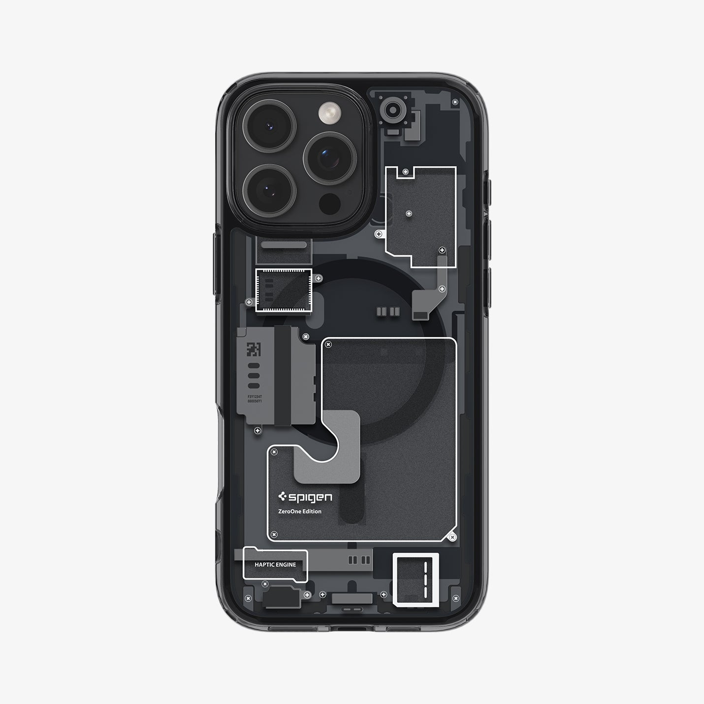 Una custodia trasparente per telefono rivela i componenti interni di un iPhone. Ha una cornice trasparente e un diagramma dettagliato delle parti del telefono.