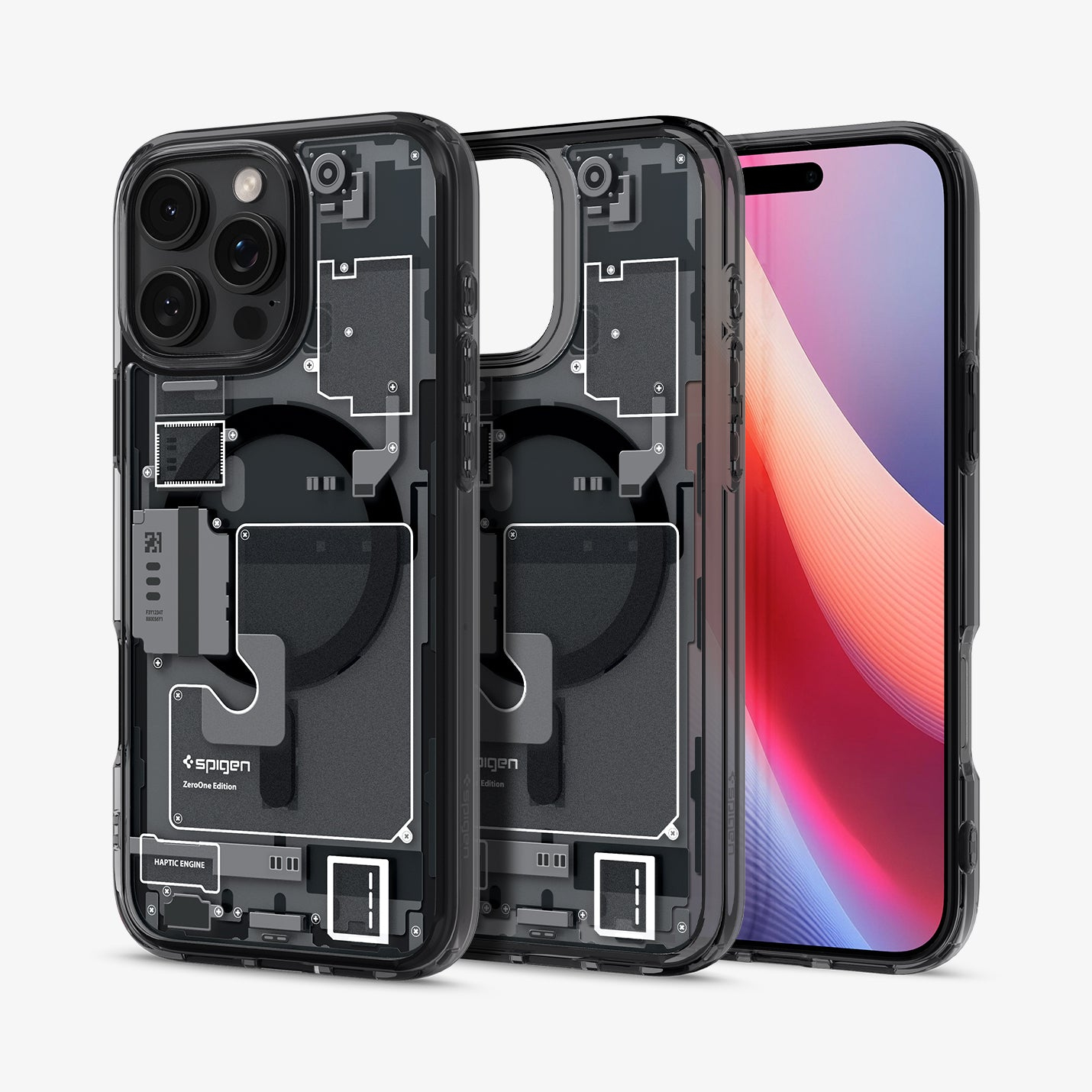 Custodia trasparente per telefono con componenti interni visibili, accanto a un telefono con schermo colorato. La custodia è una Spigen ZeroOne Edition.