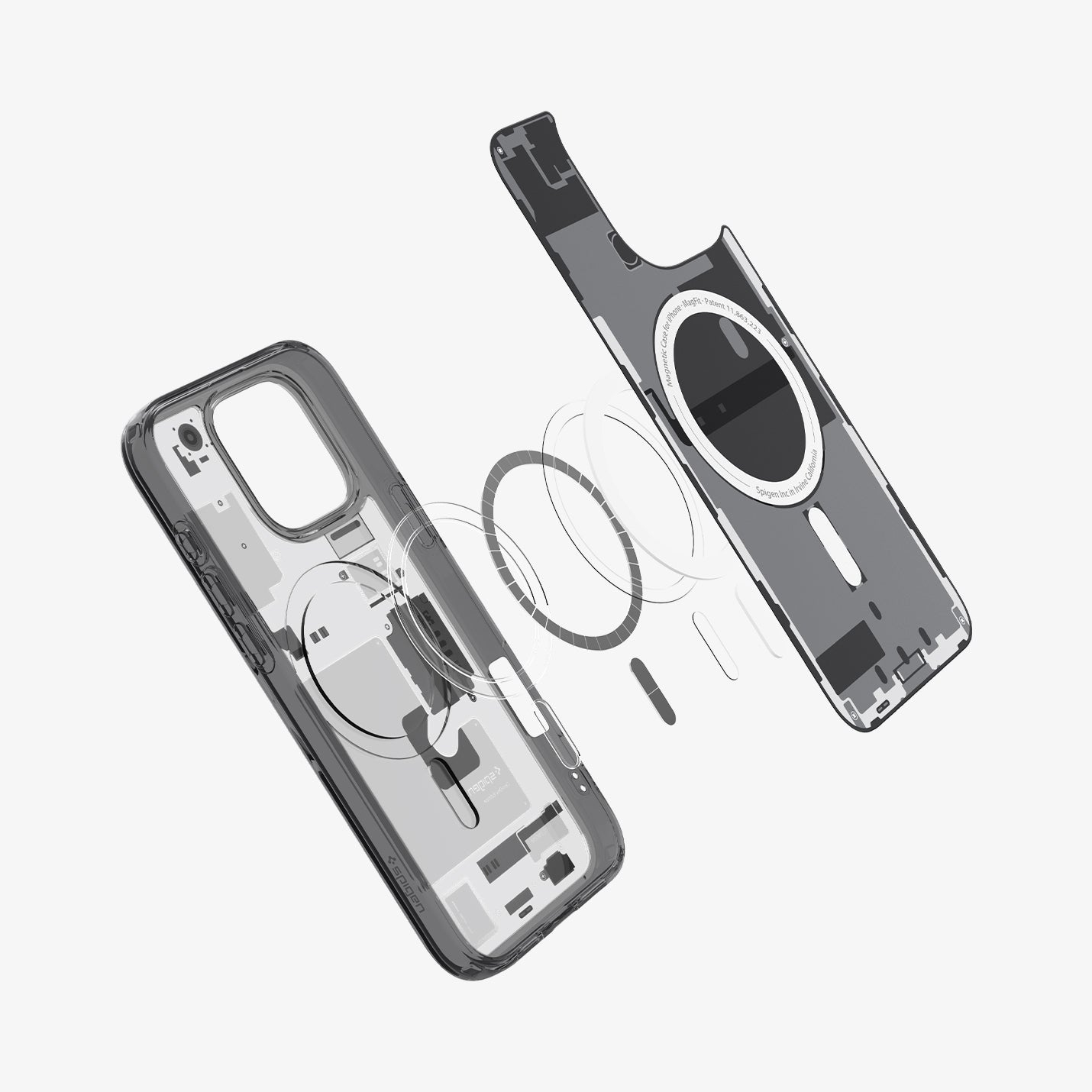 Vista esplosa di una custodia per telefono, che mostra le sue parti. Due metà della custodia separate, con anelli magnetici e dettagli trasparenti.