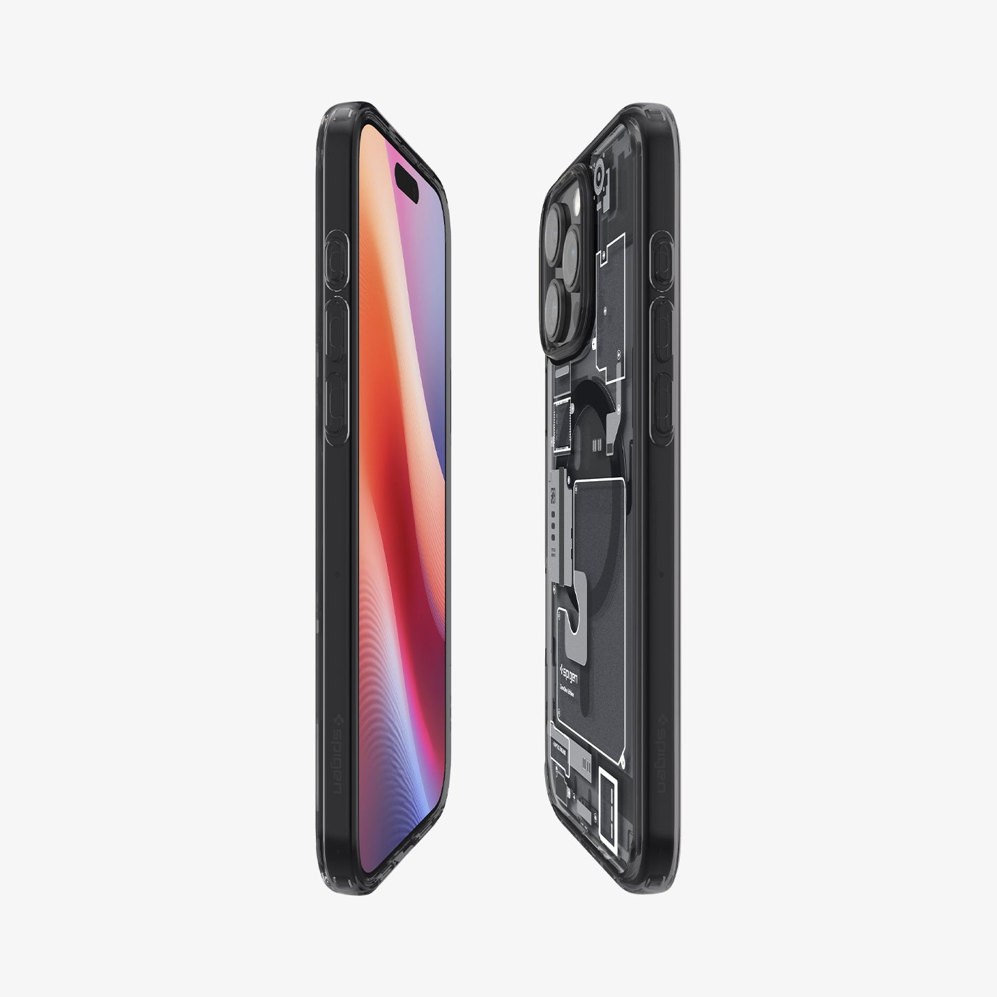 Due custodie trasparenti per telefono che mostrano un iPhone. Una mostra i componenti interni, l'altra mostra lo schermo con grafica colorata.