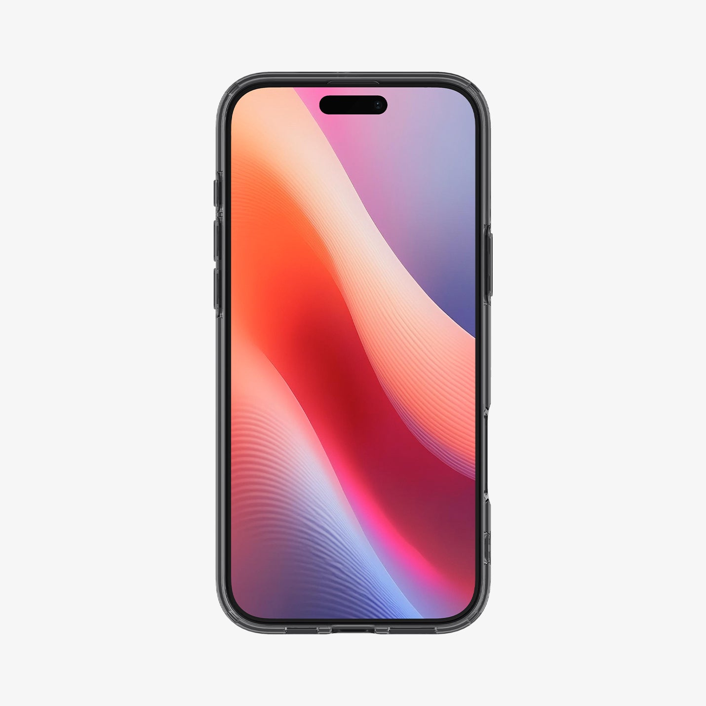 Uno smartphone con custodia trasparente. Lo schermo mostra onde astratte rosse, arancioni e viola. Lo sfondo è bianco.