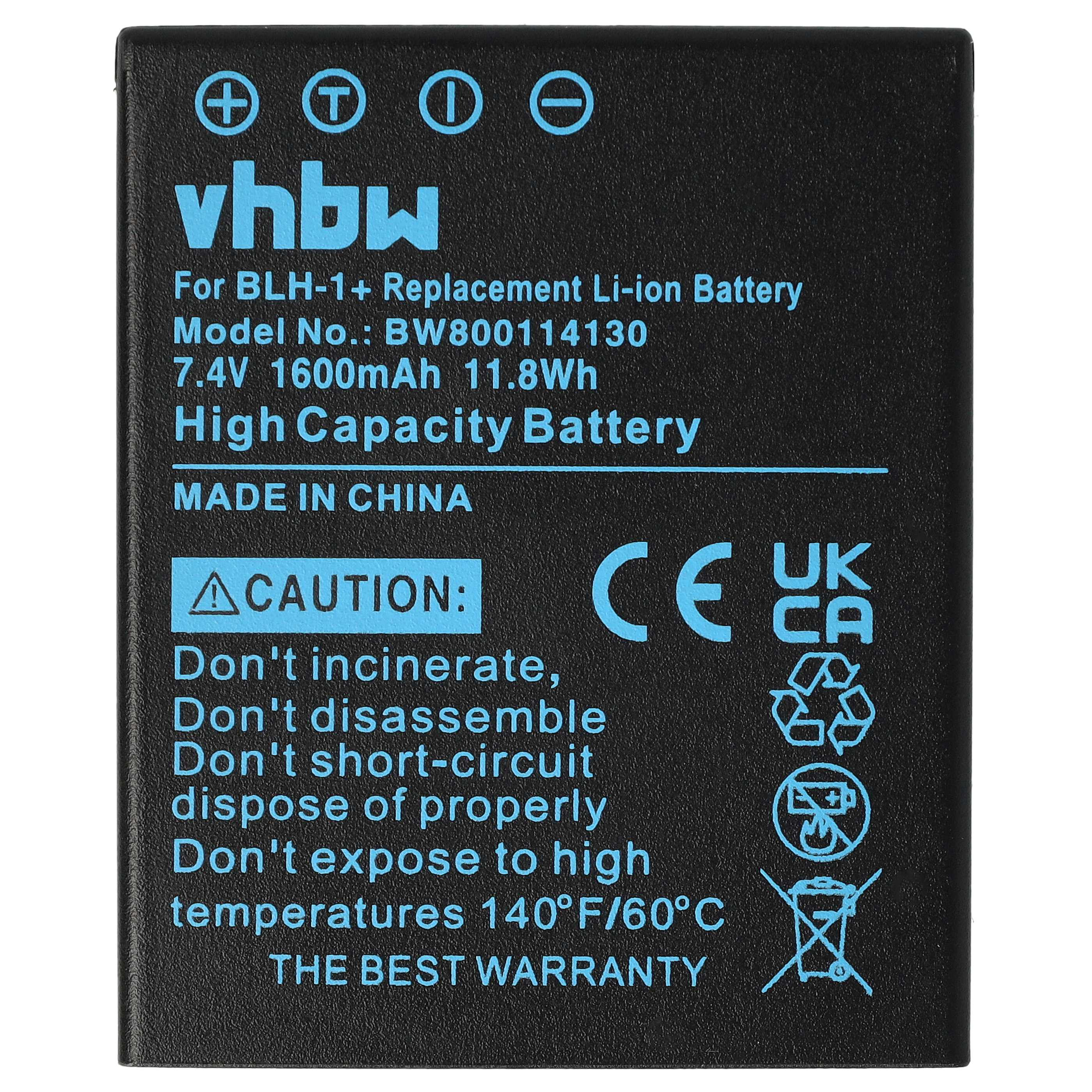 Schwarzer Akku mit blauem Text. Er enthält Warnungen wie 'Nicht verbrennen'. Es ist ein 'High Capacity Battery'.