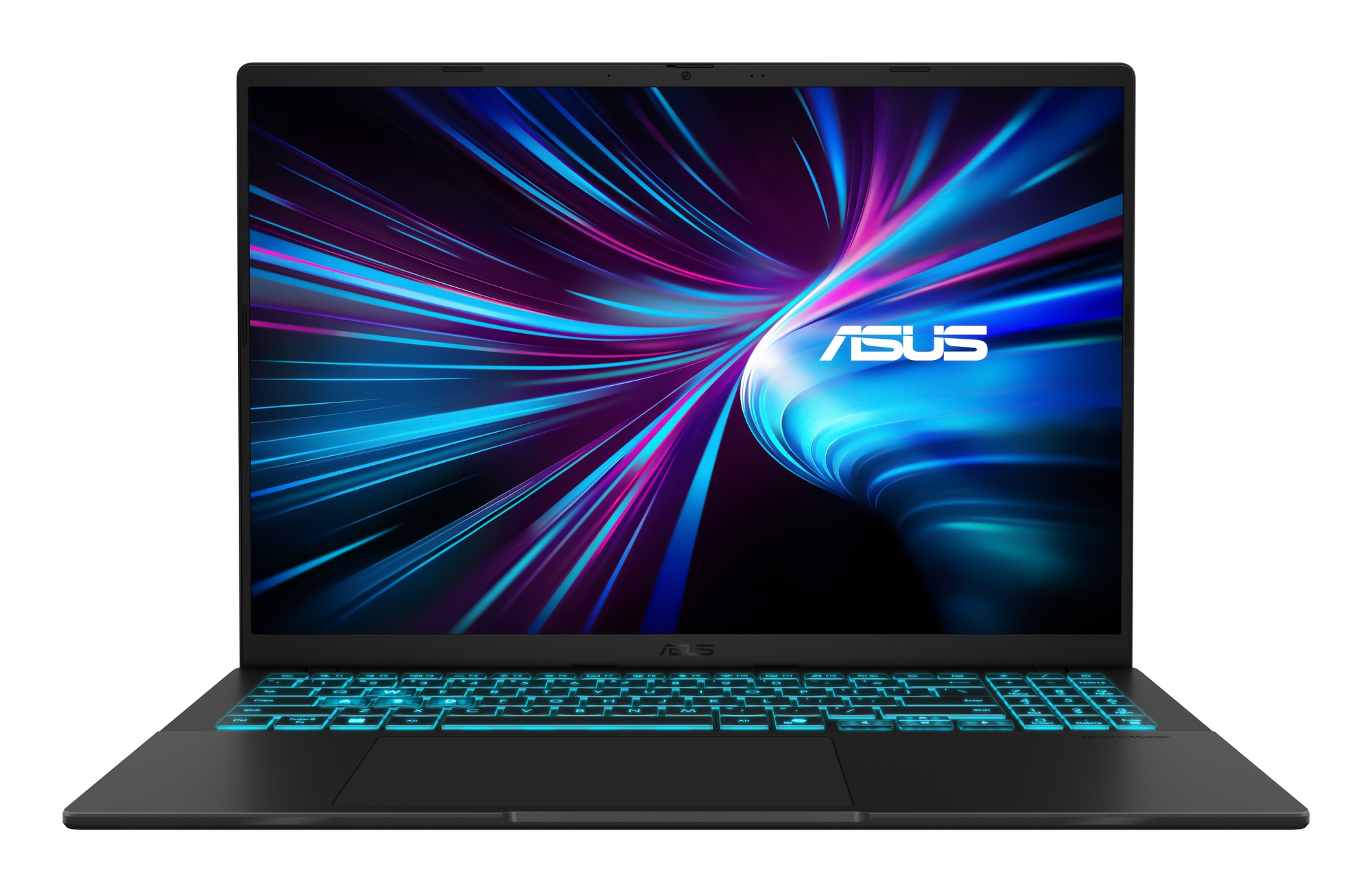 Un laptop ASUS nero con tastiera luminosa. Lo schermo mostra un design astratto colorato. Il logo ASUS è visibile.