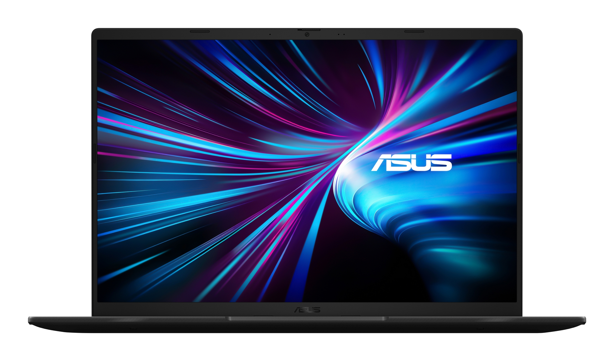 Un laptop nero con uno schermo colorato che mostra il logo ASUS. Lo schermo mostra linee blu, viola e rosa.