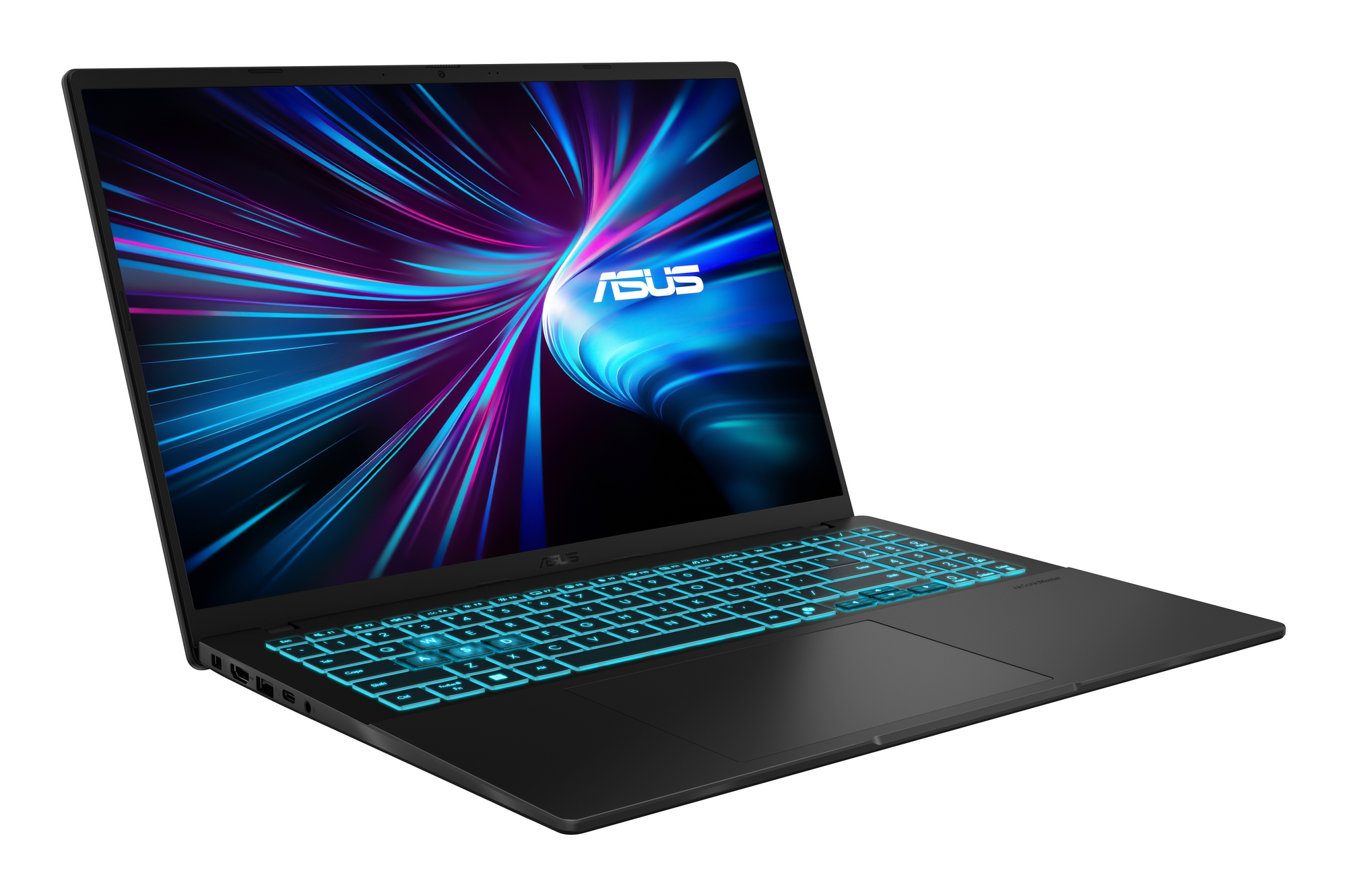 Laptop ASUS nero con tastiera illuminata. Lo schermo mostra scie di luce blu e viola. Il laptop è aperto, angolato verso lo spettatore.