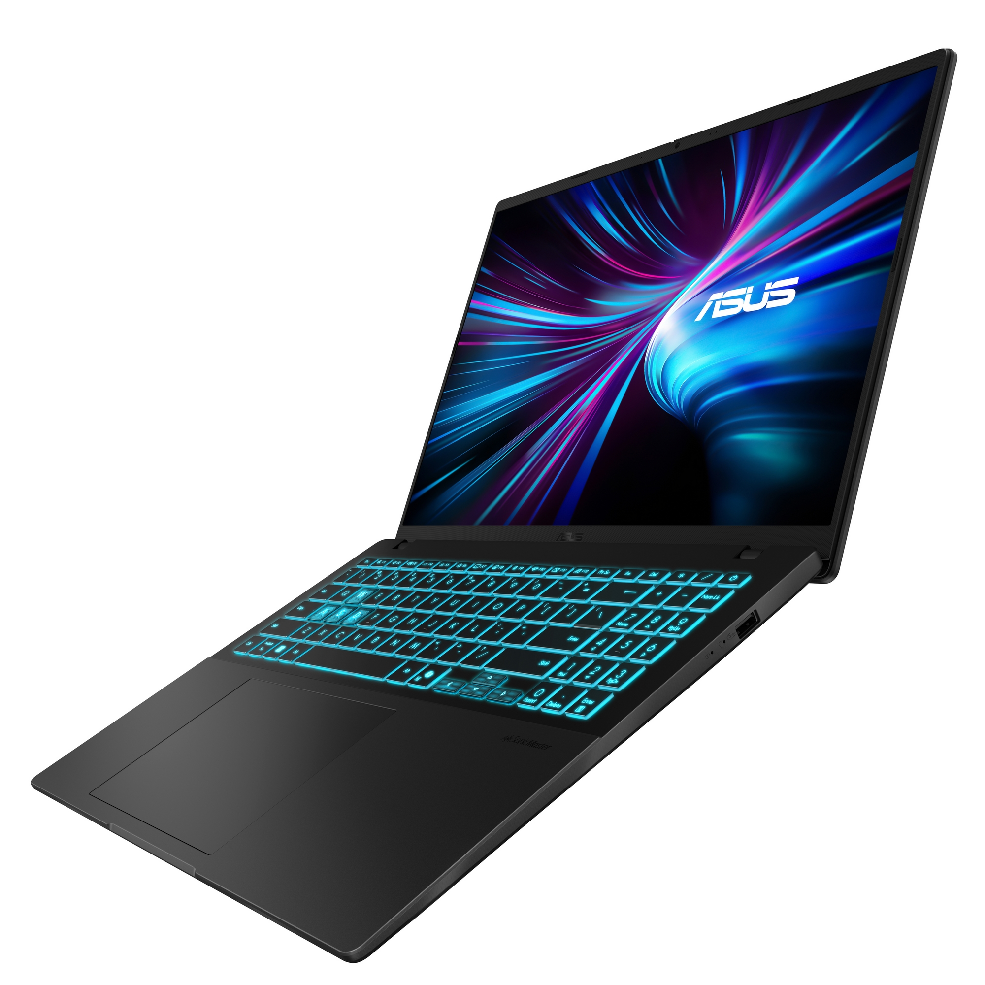 Un laptop ASUS nero angolato verso destra. Lo schermo mostra un design astratto blu e viola. La tastiera è illuminata di blu.