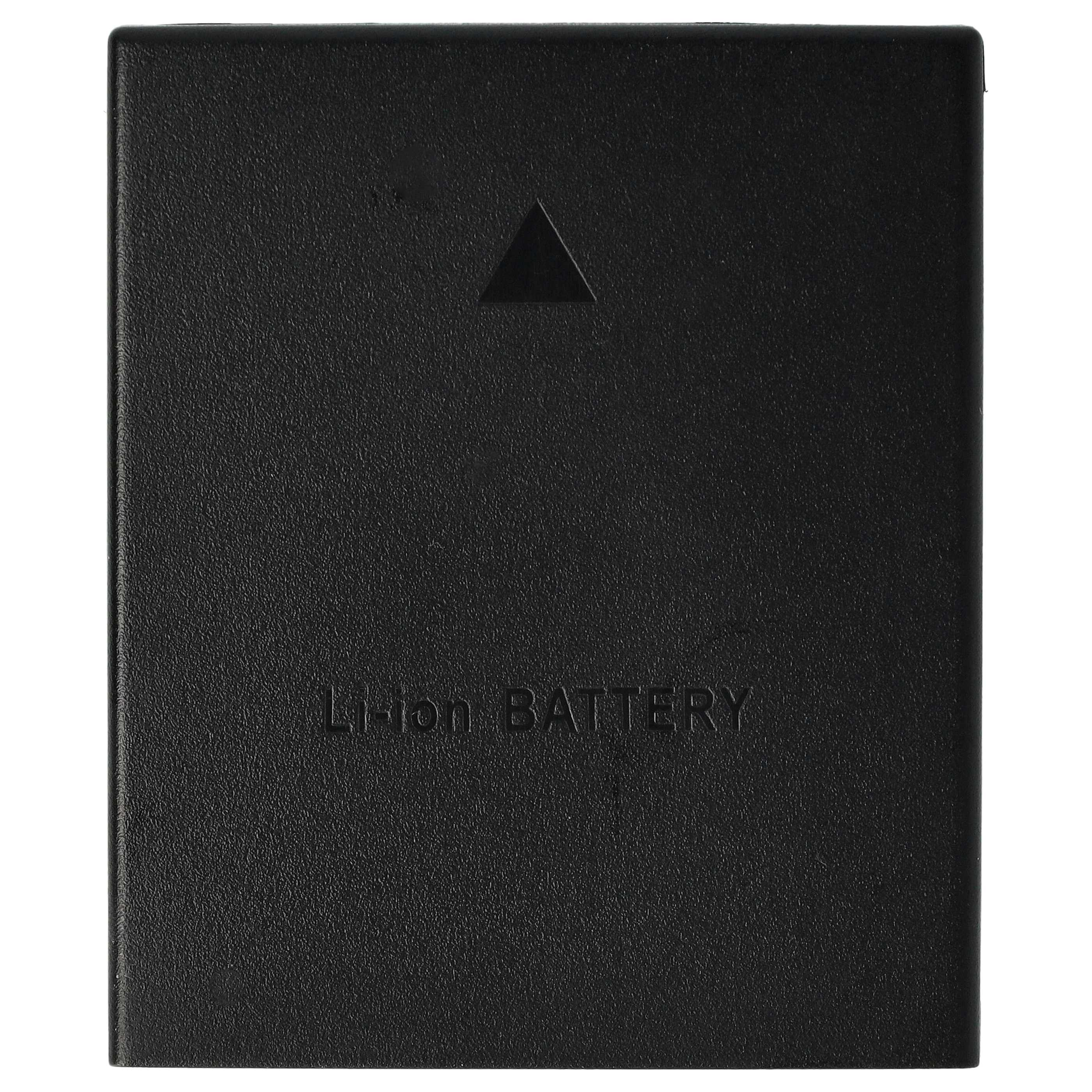 Ein schwarzer Li-Ionen-Akku mit strukturierter Oberfläche. Oben ist ein Dreieck und unten steht 'Li-ion BATTERY'.