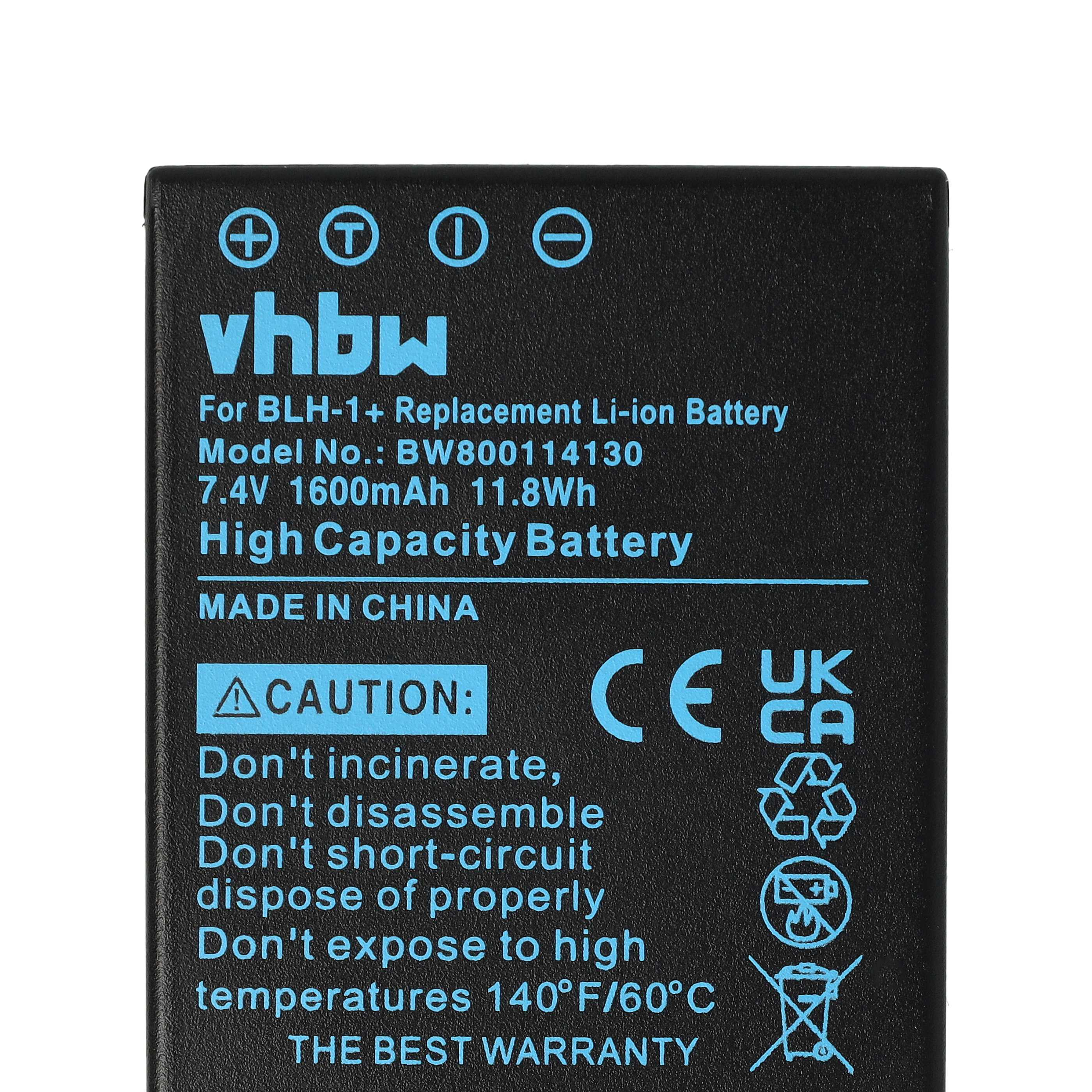 Schwarzes Batterieetikett mit blauem Text. Es enthält Produktdetails, Warnhinweise und Sicherheitssymbole. Hergestellt in China.