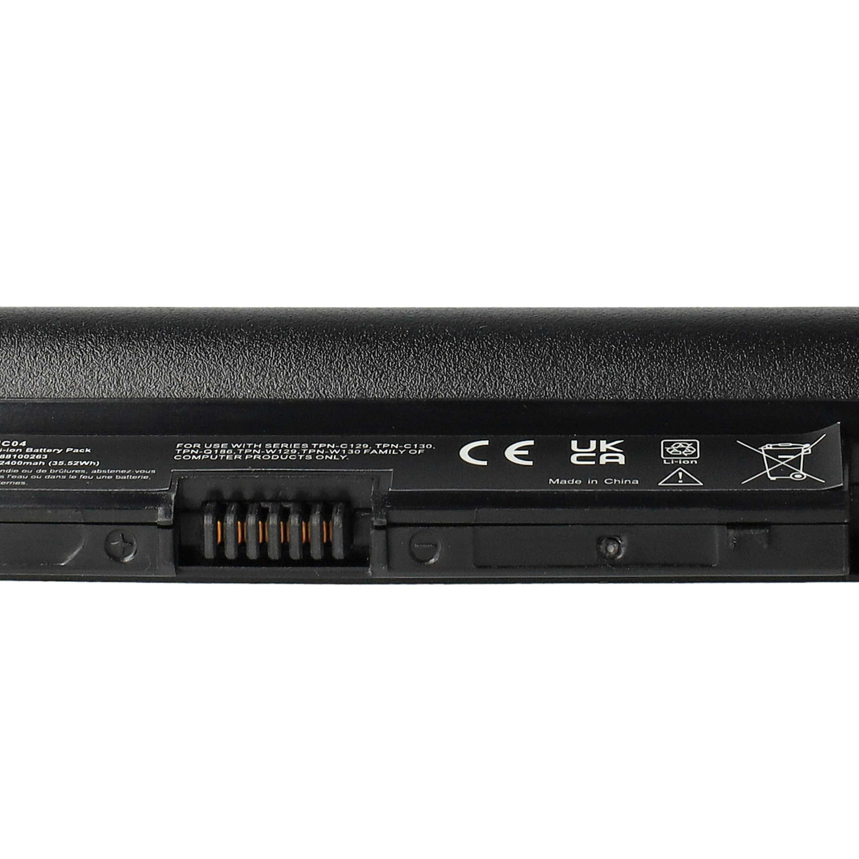 Schwarzer Laptop-Akku mit Text und Symbolen. Enthält Warnsymbole, CE-, UKCA-Kennzeichnungen und Made in China.