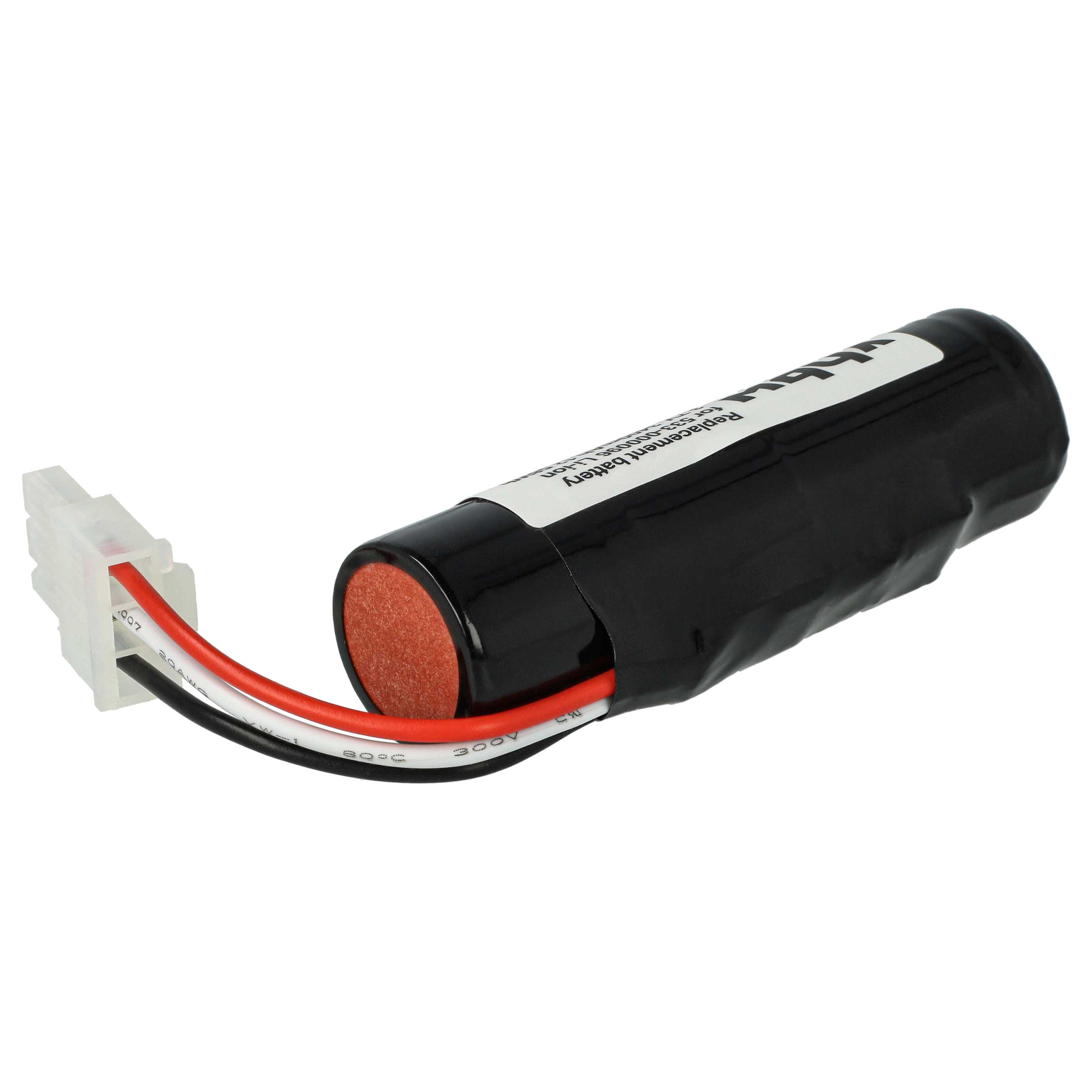 Ein schwarzer Akku mit roten und weißen Drähten und einem weißen Stecker. Er hat ein Etikett und eine rote Kappe.