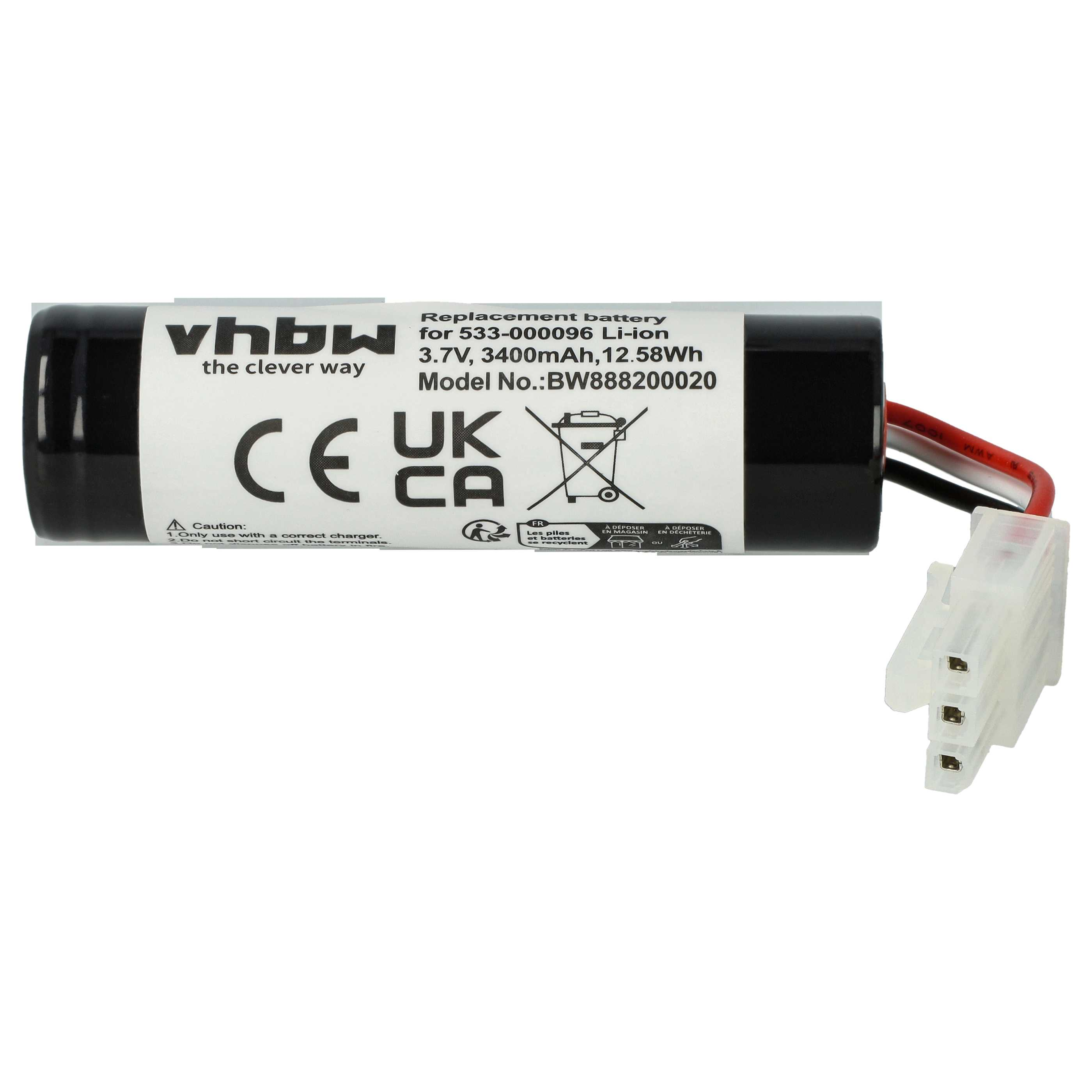 Eine schwarze zylindrische Batterie mit weißem Etikett, Text und Stecker. Auf dem Etikett steht 'Replacement battery', '3.7V, 3400mAh'.