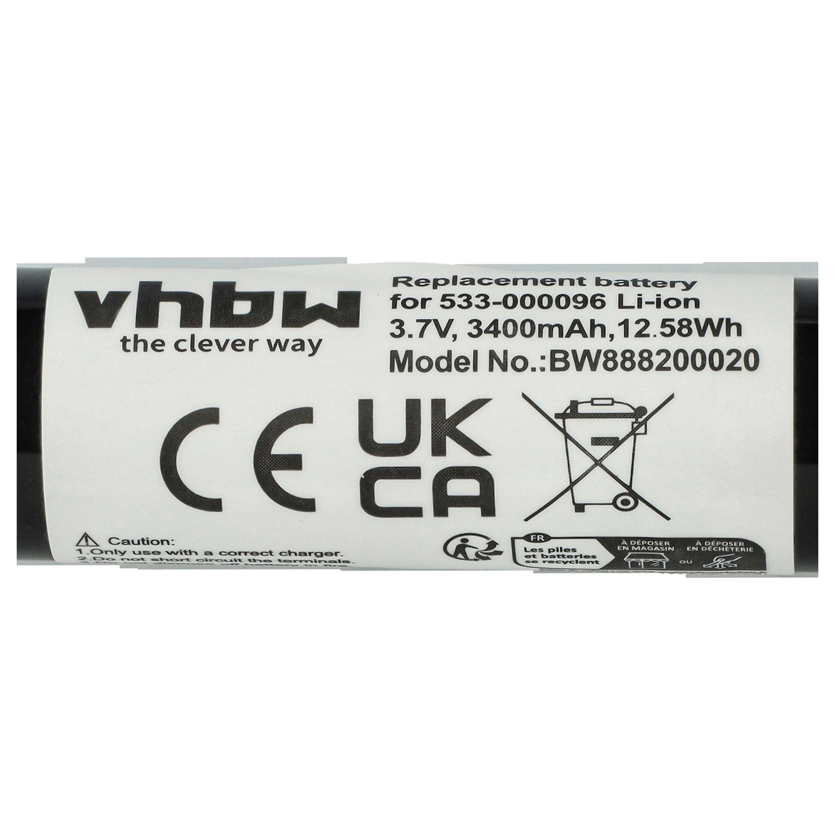 Ein Batterieetikett mit weißem Text. Enthält CE-, UKCA-Symbole, Recyclinghinweise und Spezifikationen.