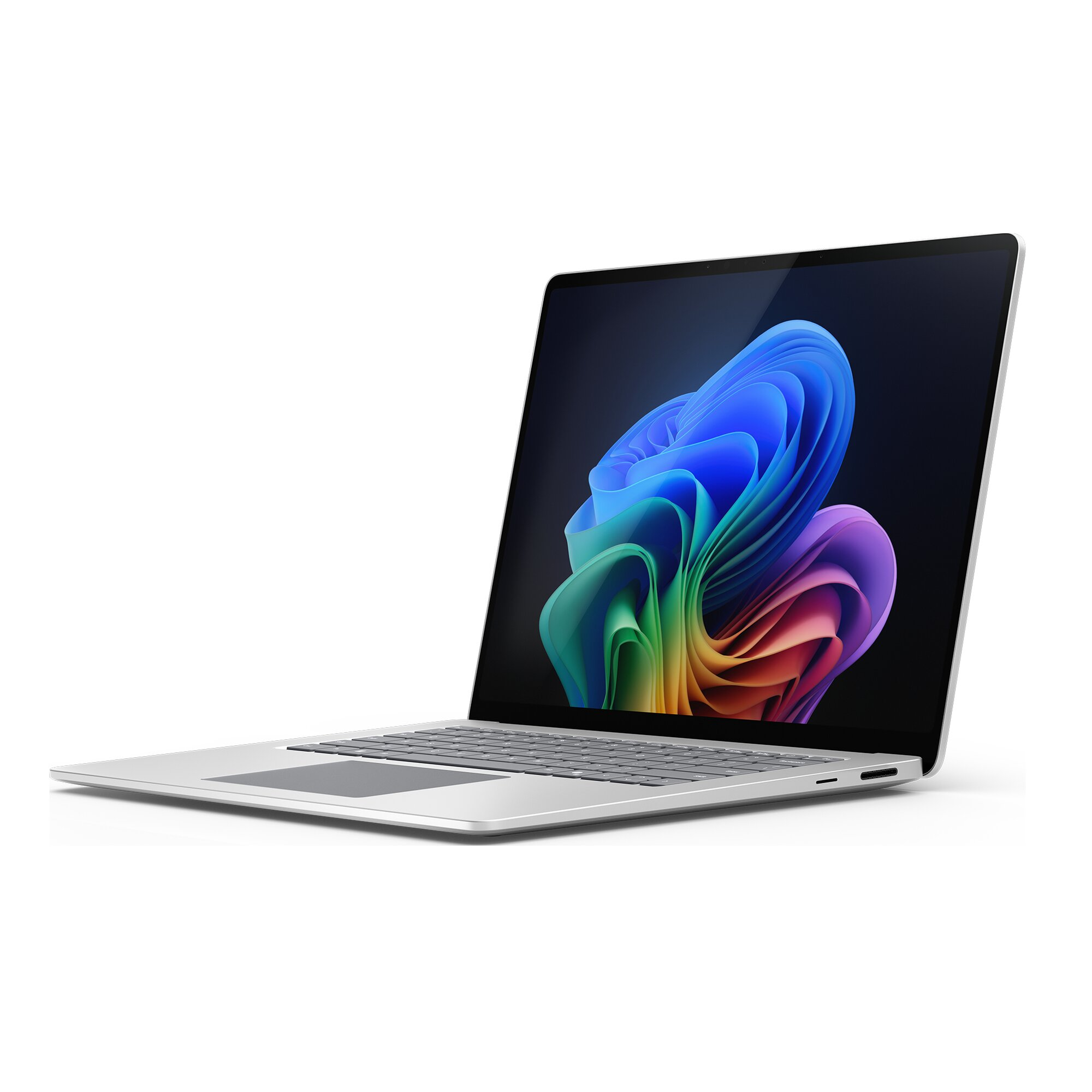 Un laptop argentato è aperto, mostrando un'immagine astratta colorata sullo schermo, su sfondo bianco.