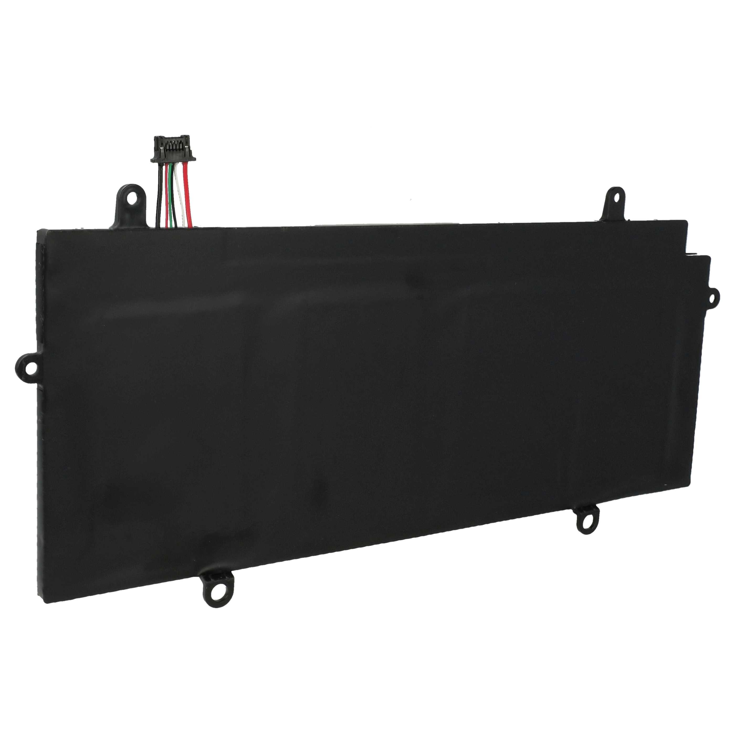 Ein schwarzer rechteckiger Laptop-Akku mit Stecker und farbigen Drähten auf weißem Hintergrund. Es hat Befestigungslöcher.
