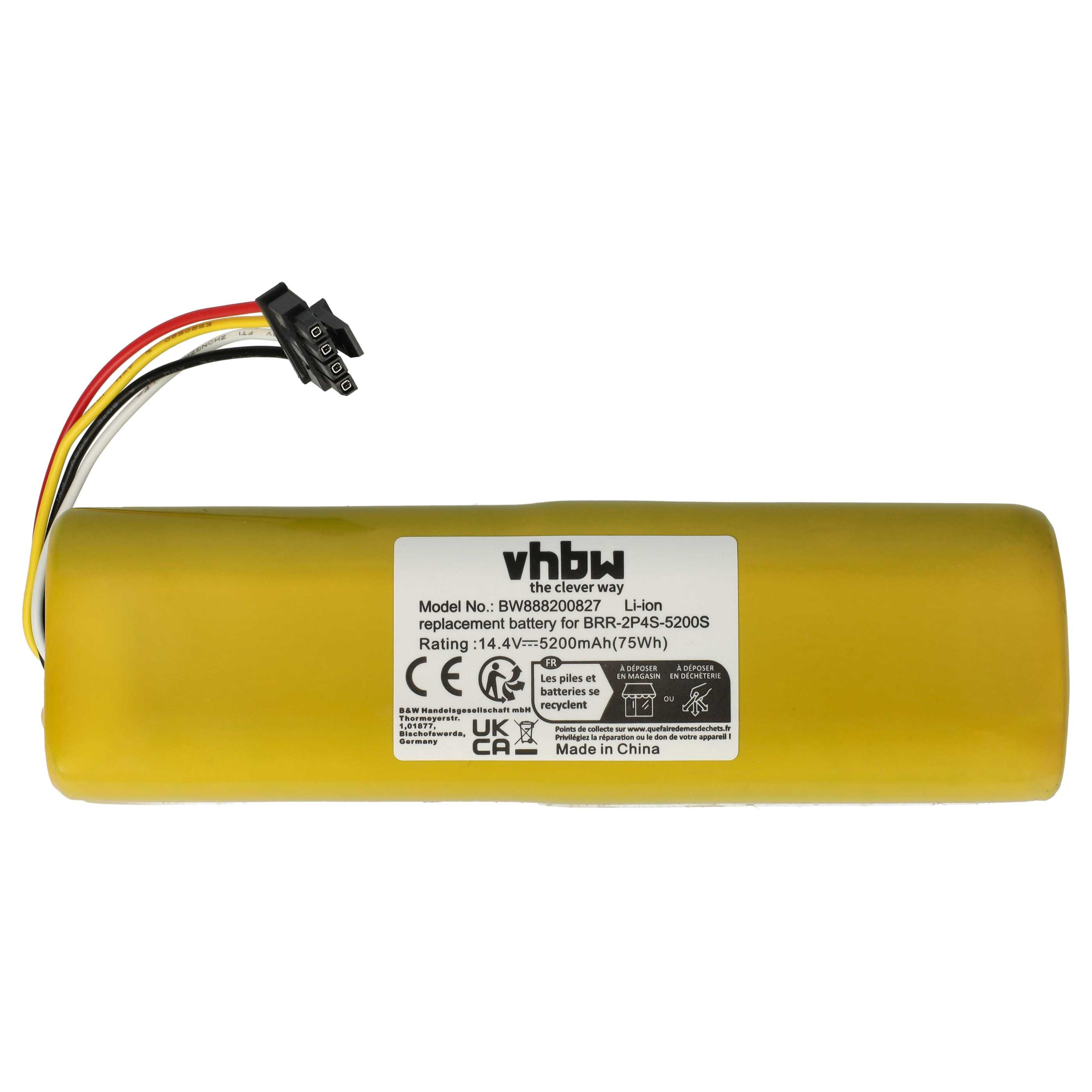 Gelber Akku mit schwarzem Stecker und Drähten. Text auf dem Akku: Modell-Nr.: BW888200827. Recycling-Symbole vorhanden.