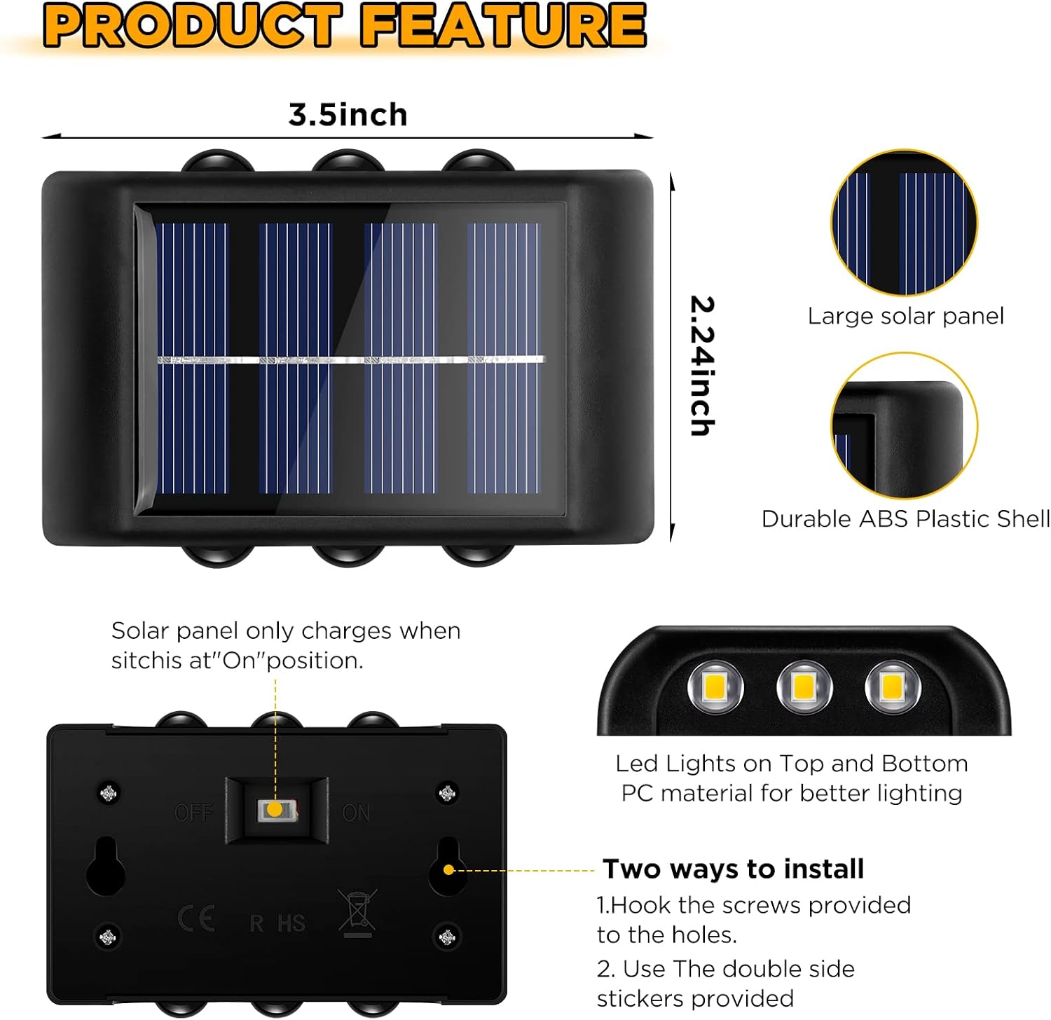 Schwarzes Solarpanel mit Abmessungen, Details zu großem Solarpanel, langlebiger Hülle, LED-Leuchten und Installationsmethoden.