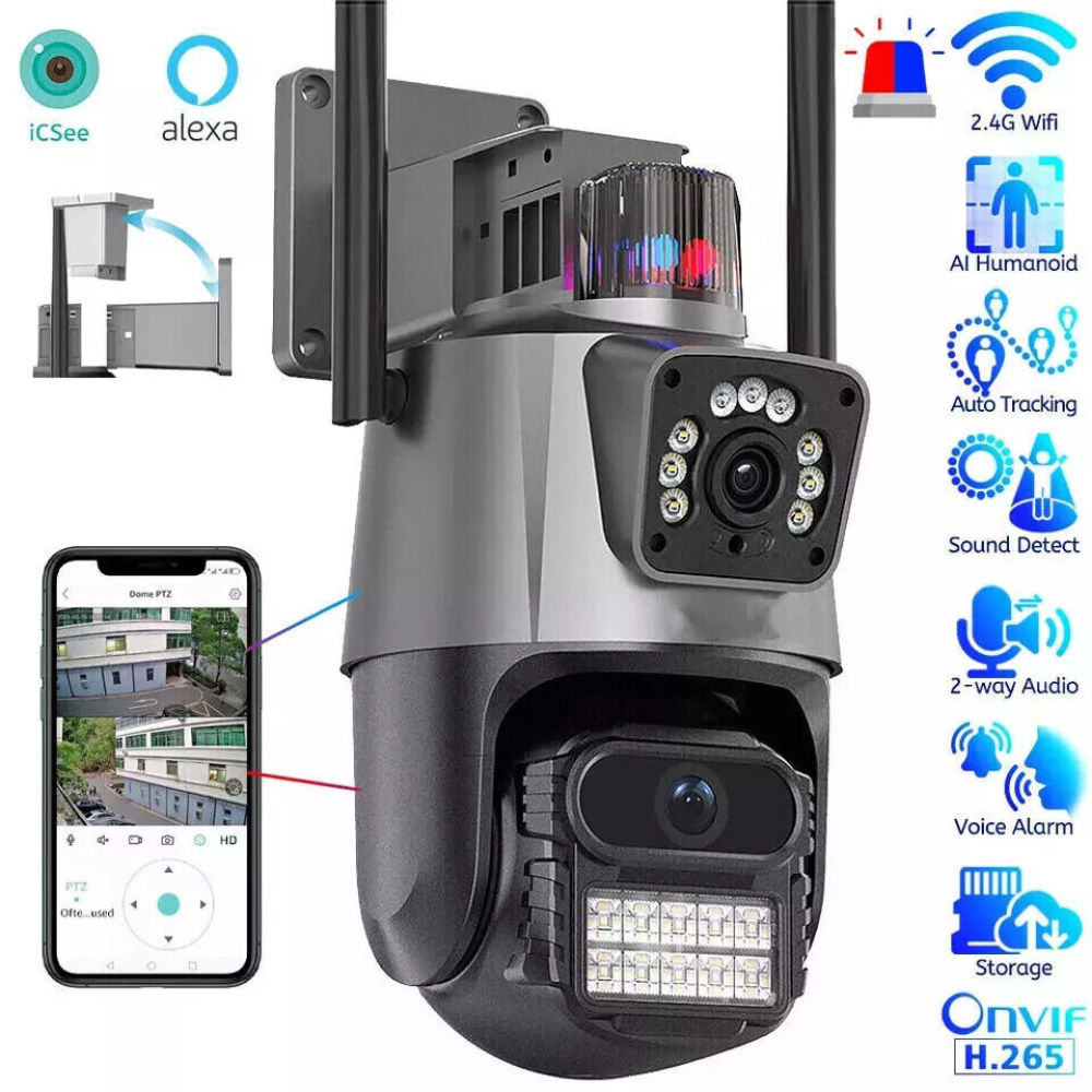 Eine Überwachungskamera mit verschiedenen Funktionen, Symbolen und einem Smartphone mit Live-Feed. Sie hat Lichter und Antennen.