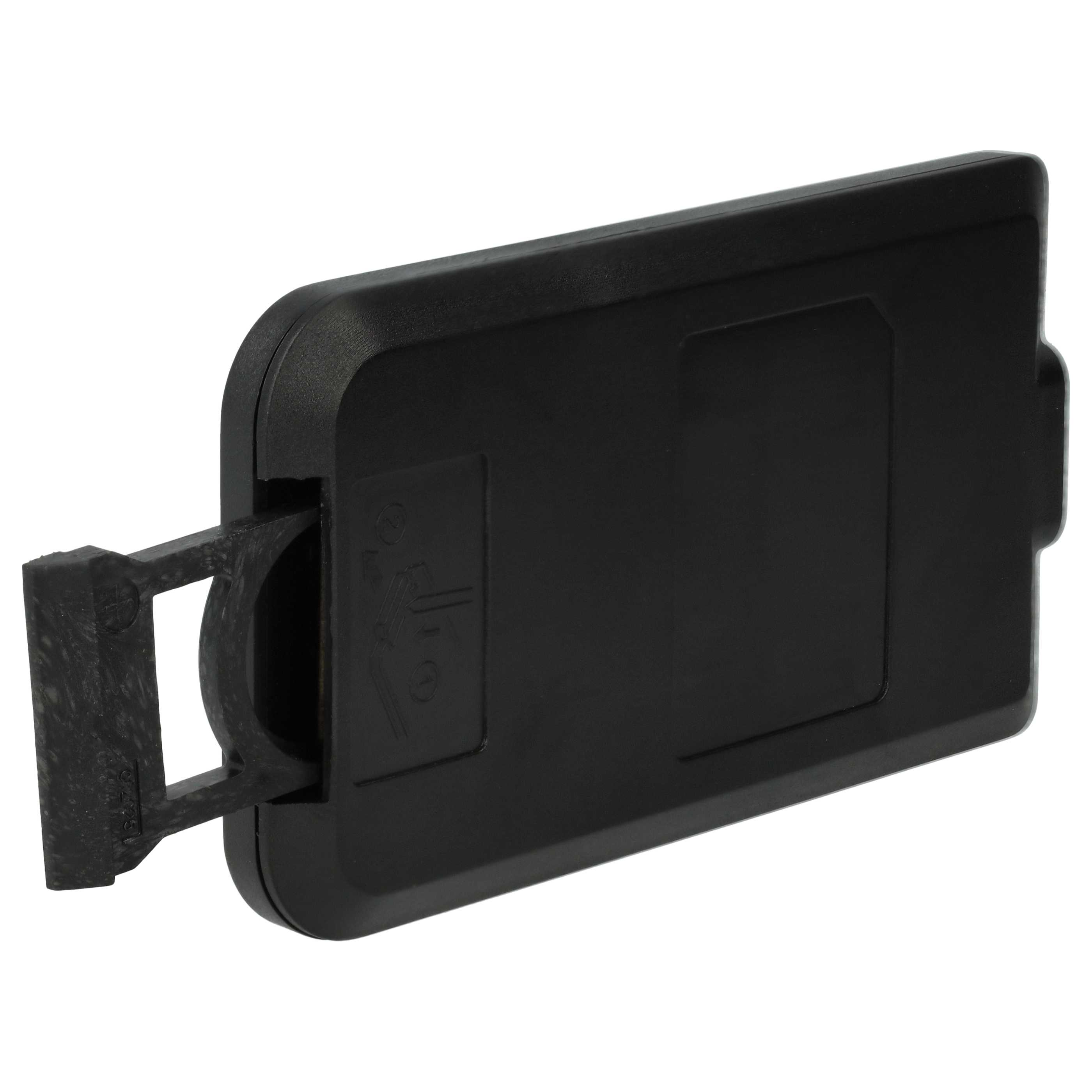 Eine schwarze USB-Anschlussabdeckung aus Kunststoff ist vor weißem Hintergrund zu sehen.
