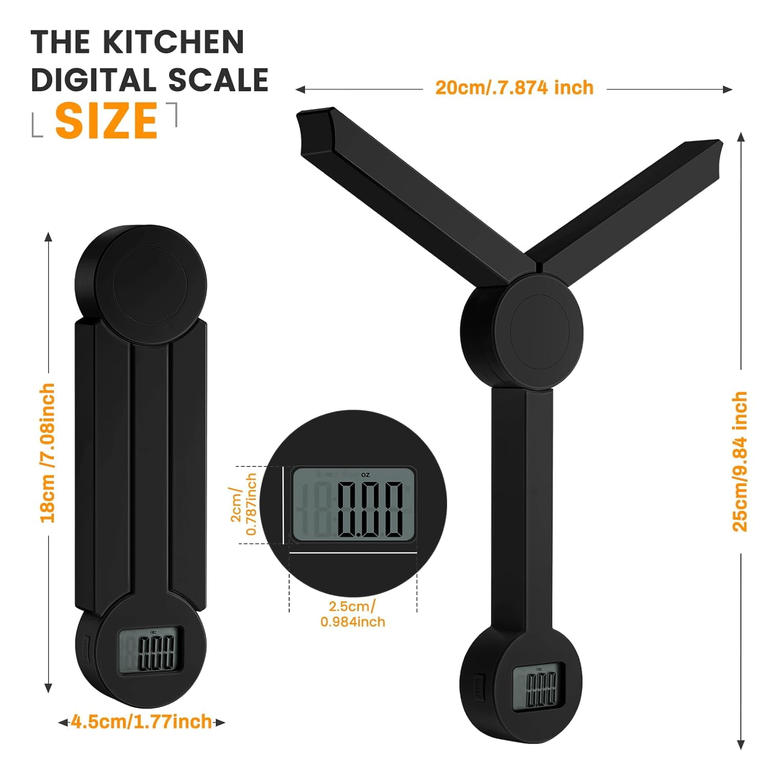Eine schwarze digitale Küchenwaage, gefaltet und entfaltet, mit Maßangaben in cm und Zoll. Zeigt ein Gewicht von 0,00 oz an.