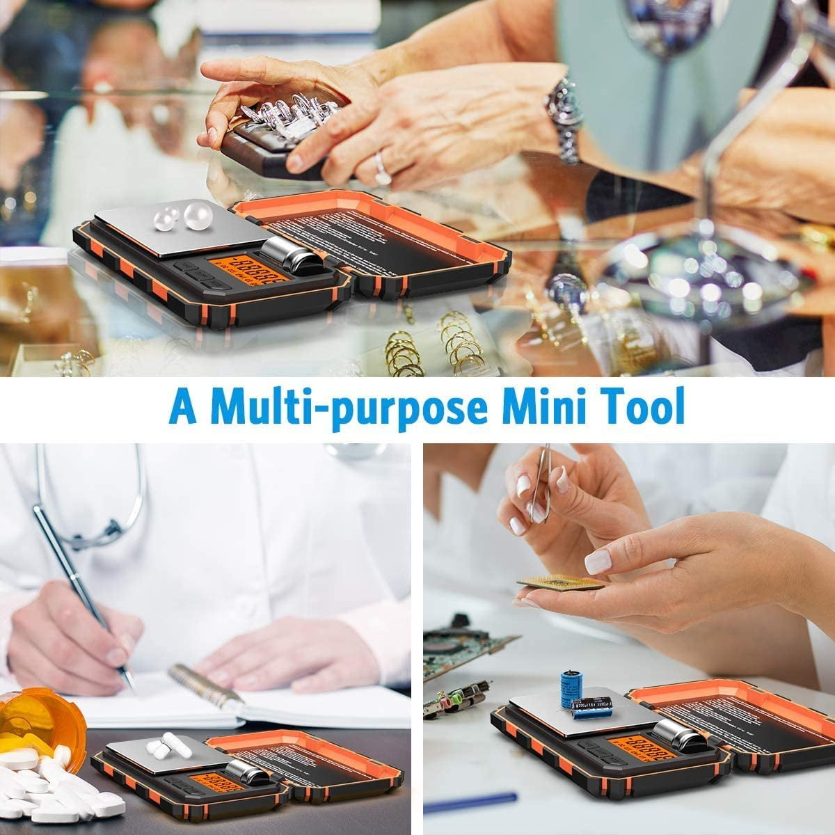 Das Bild zeigt ein Mehrzweck-Mini-Tool. Es wird zum Wiegen von Schmuck, Pillen und elektronischen Bauteilen verwendet. Das Werkzeug ist schwarz und orange.