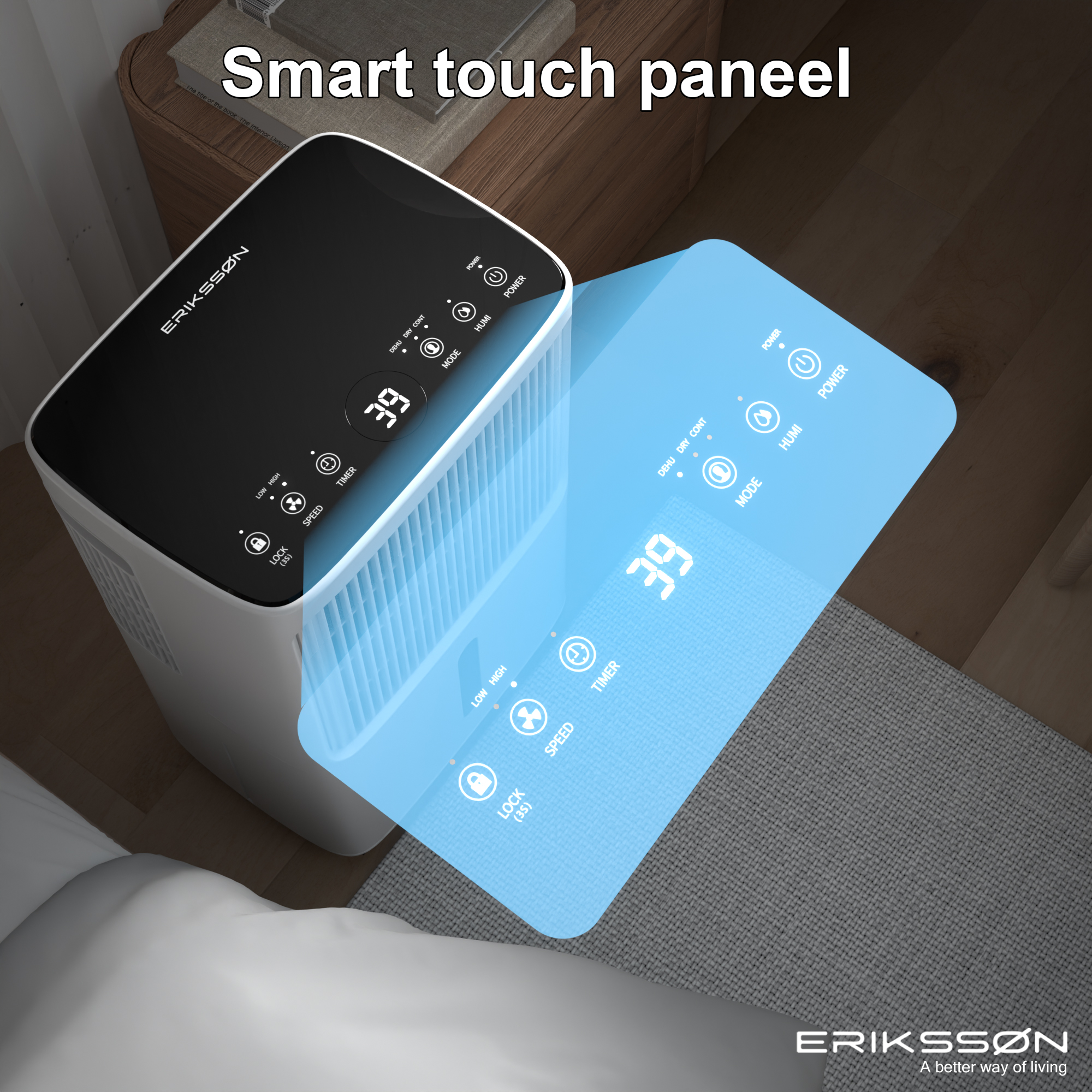 Ein Luftreiniger mit Touch-Panel, das eine Anzeige von 39 zeigt. Verschiedene Funktionssymbole sind sichtbar, einschließlich Leistung, Modus und Geschwindigkeit.