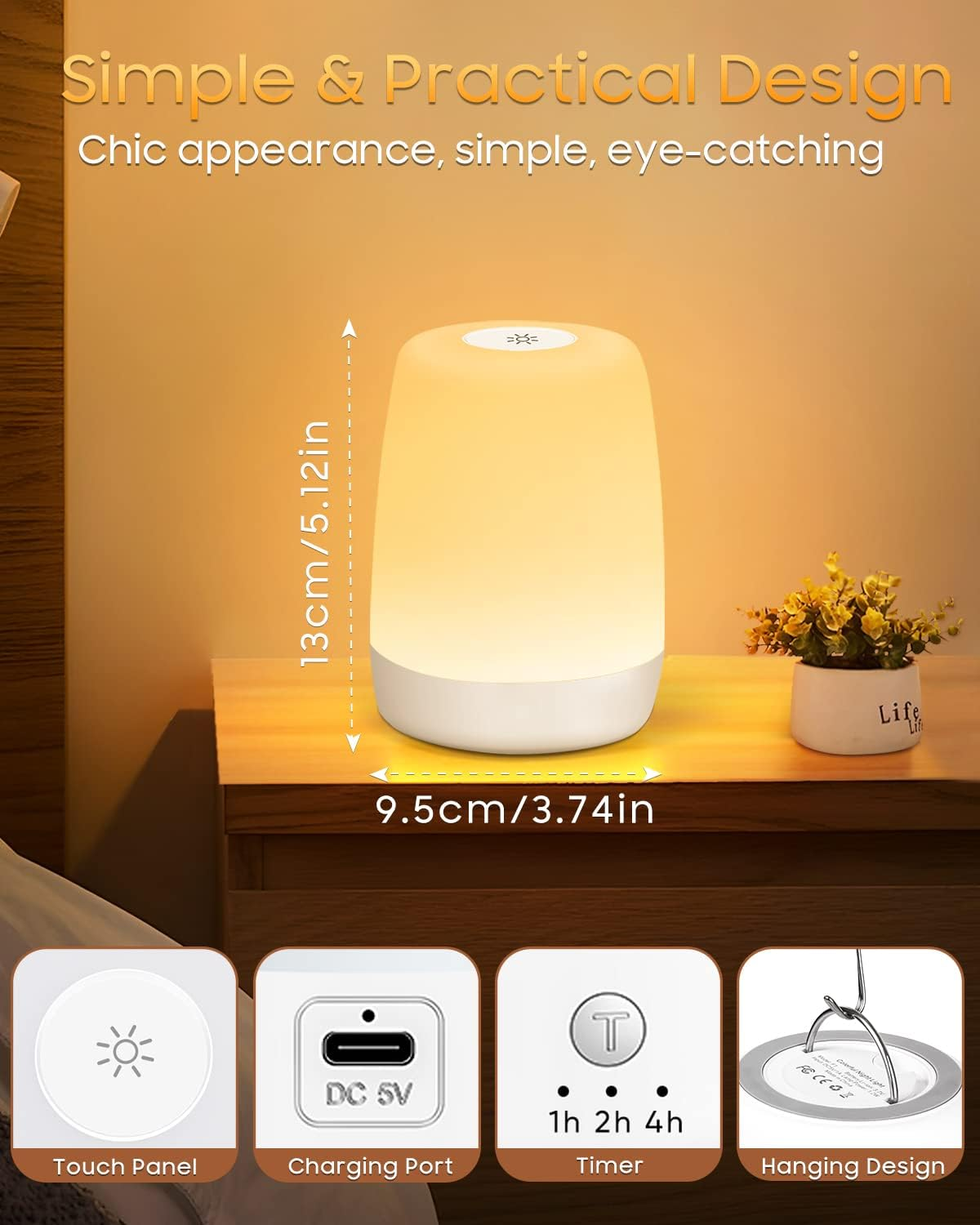 Eine weiße und gelbe Nachttischlampe steht auf einer Holzoberfläche. Abmessungen sind angegeben. Merkmale sind Touch-Panel, Ladeanschluss, Timer und Aufhängung.