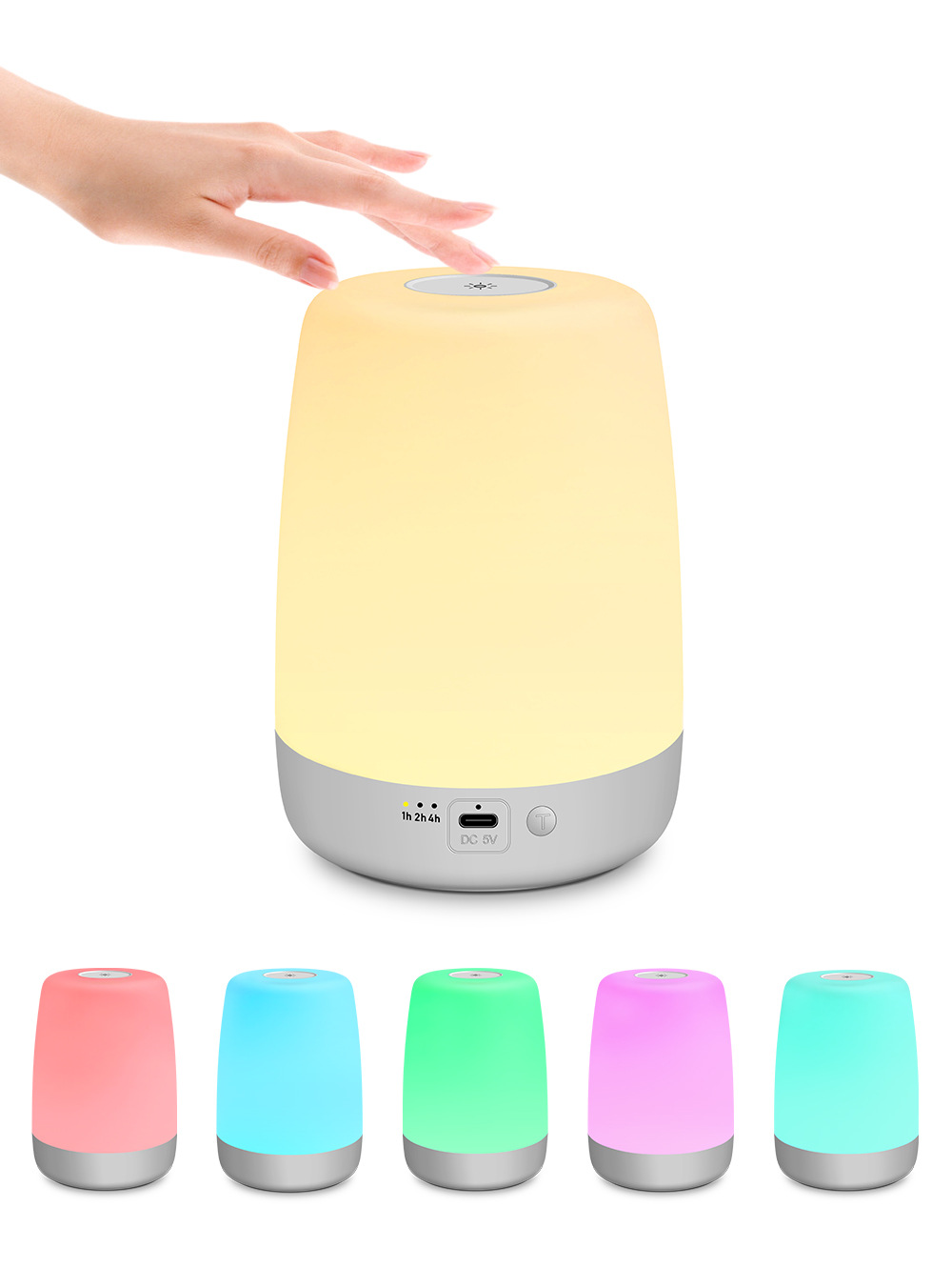 Eine Hand berührt eine Touch-Lampe. Die Lampe ist weiß und grau mit Licht. Unten sind fünf farbige Lampen: rot, blau, grün, lila und türkis.