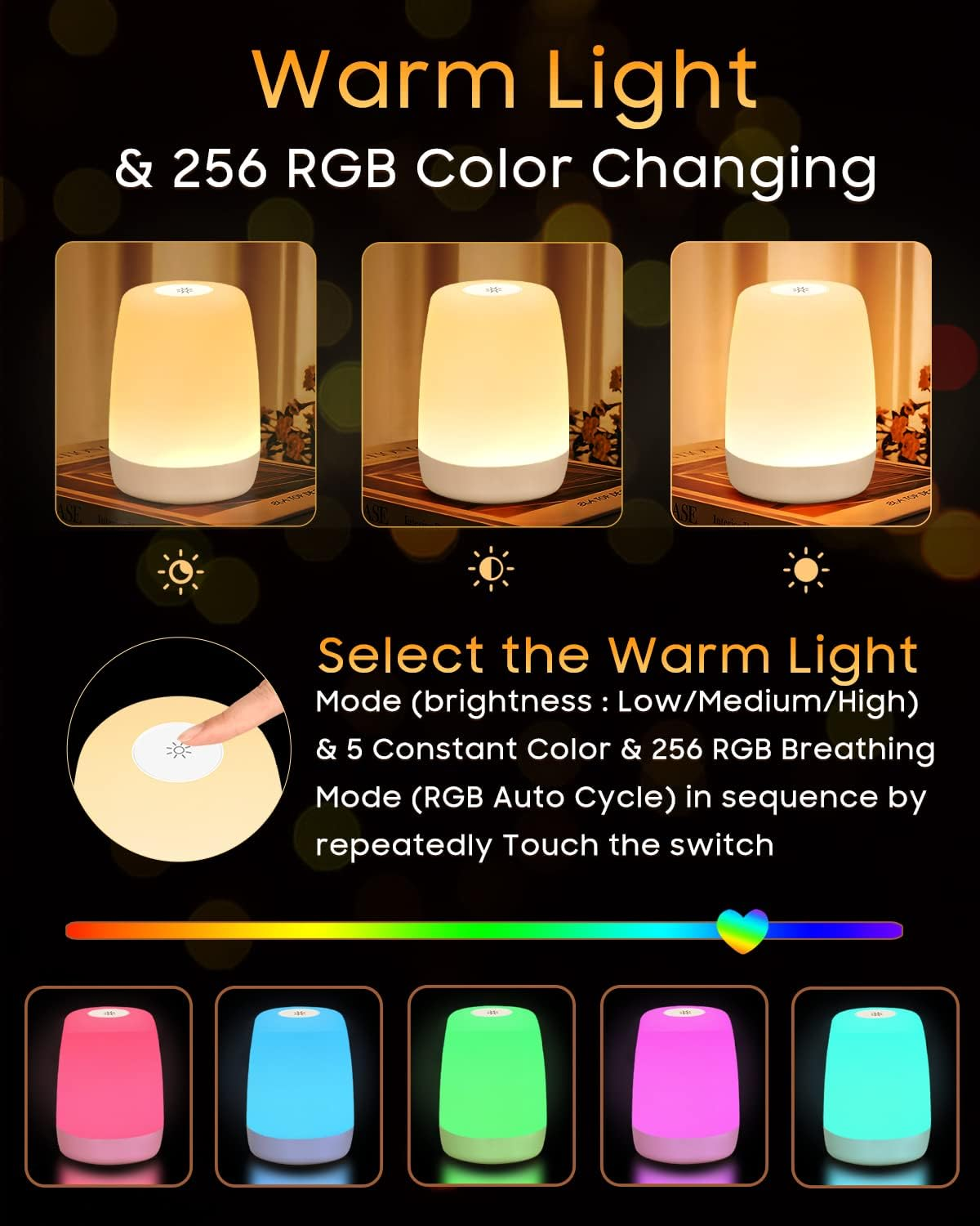 Ein Bild, das eine Lampe mit Farbwechseloptionen und einer Touch-Steuerung zur Auswahl von warmem Licht oder RGB-Farben zeigt.