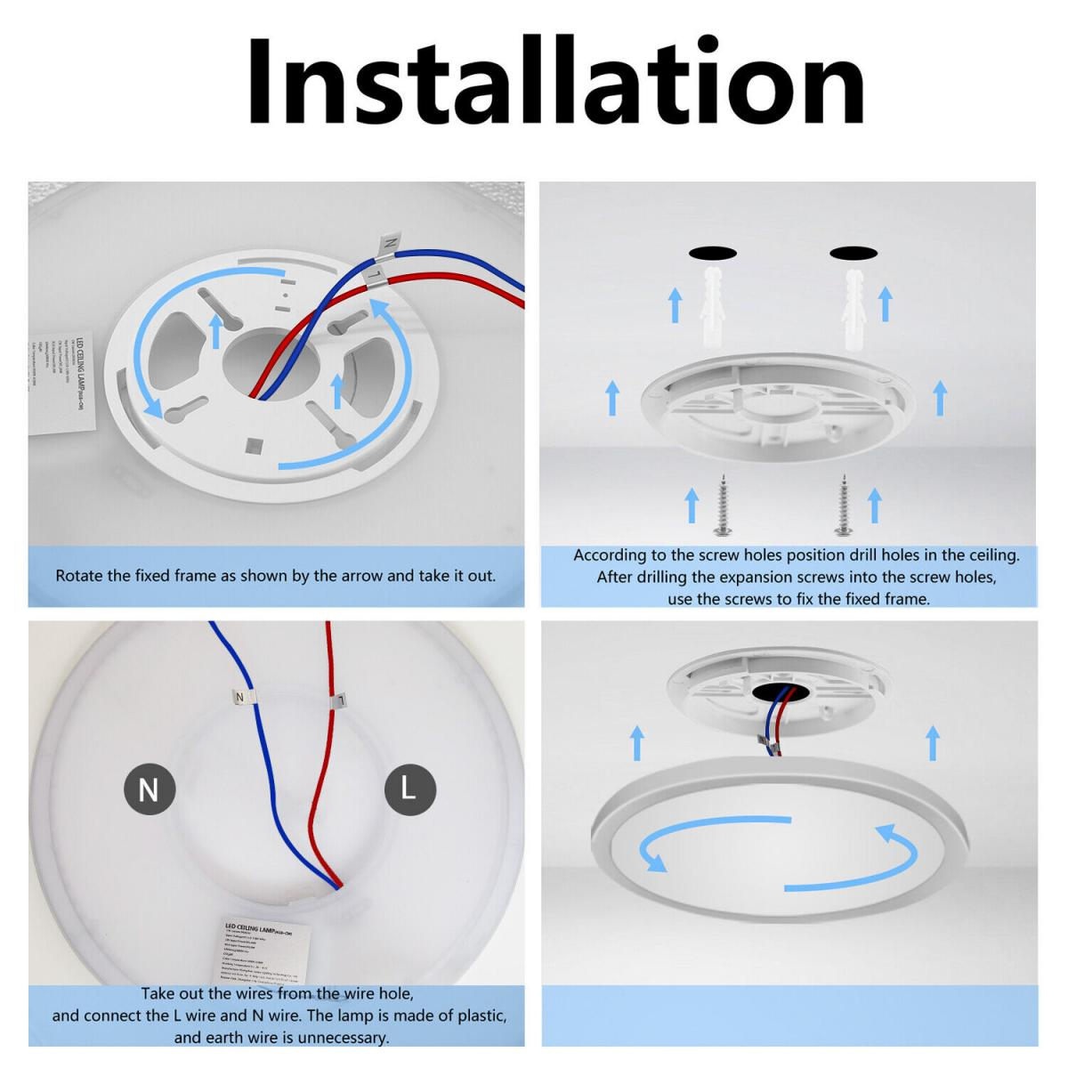 Installationsanleitung mit vier Schritten. Zeigt, wie man eine Deckenlampe installiert: Rahmen drehen, bohren, Drähte anschließen und fixieren.