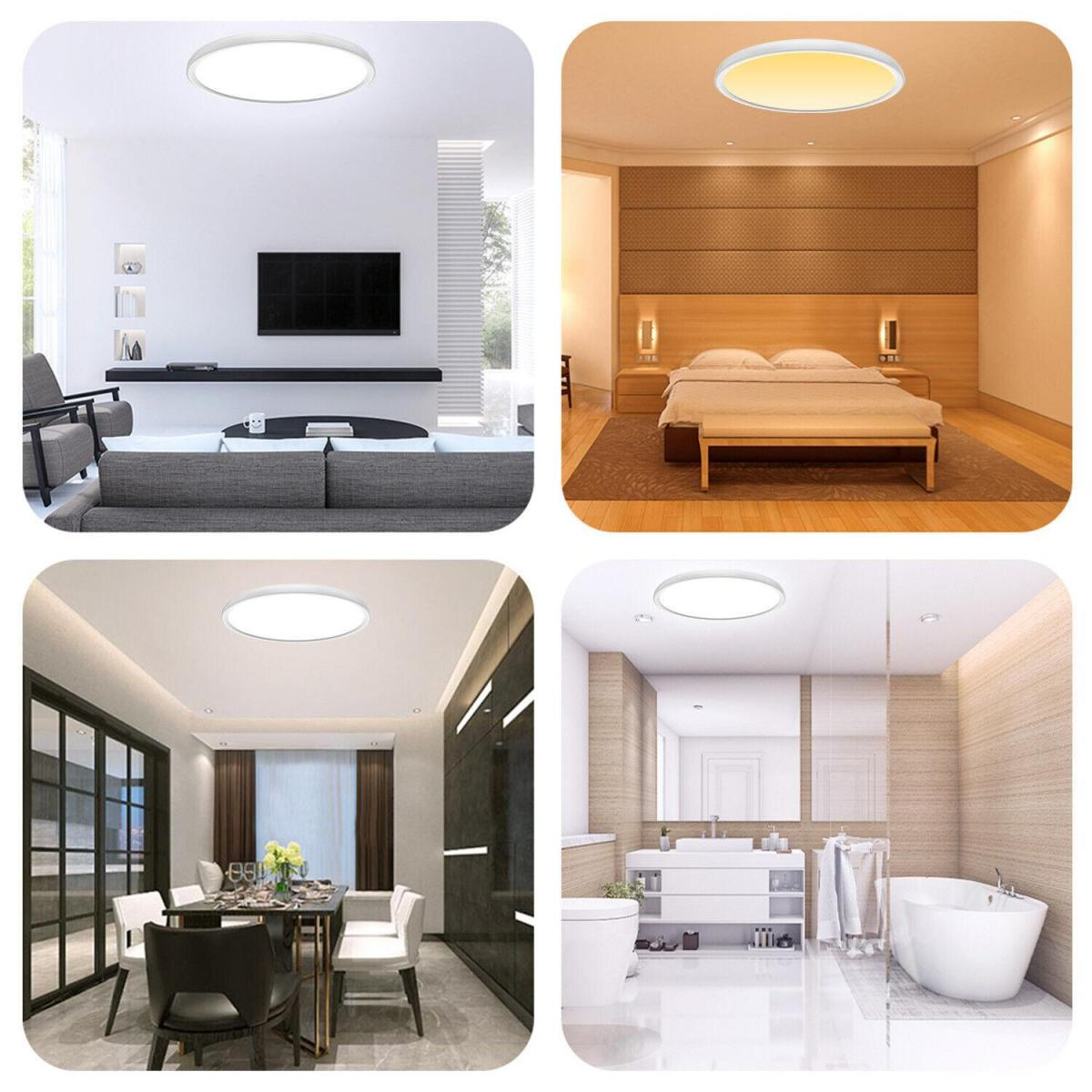 Vier Innenraumfotos mit verschiedenen Räumen: Wohnzimmer, Schlafzimmer, Esszimmer und Badezimmer, alle mit runden Deckenleuchten.
