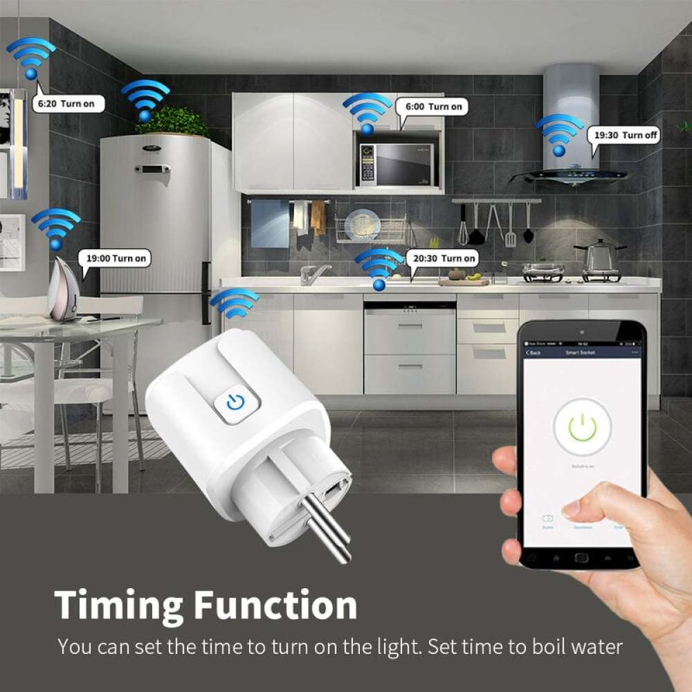 Eine Küchenszene mit WLAN-Symbolen, einem intelligenten Stecker und einem Telefon, das eine intelligente Steckdosenschnittstelle anzeigt.