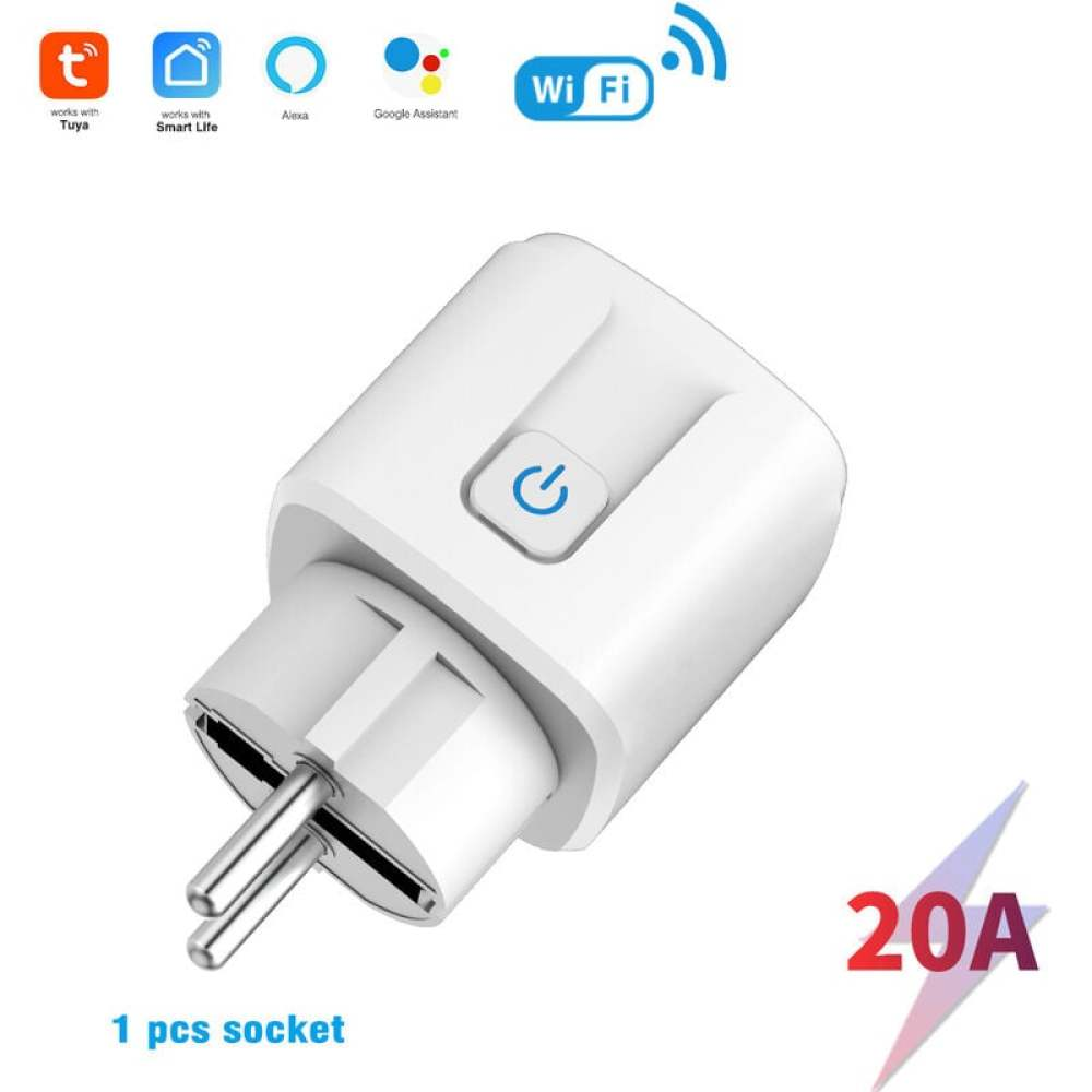 Weißer Smart-Stecker mit Ein-/Aus-Taste, WiFi-Logo und 20A-Etikett. Symbole für Tuya, Smart Life, Alexa und Google Assistant sind sichtbar.