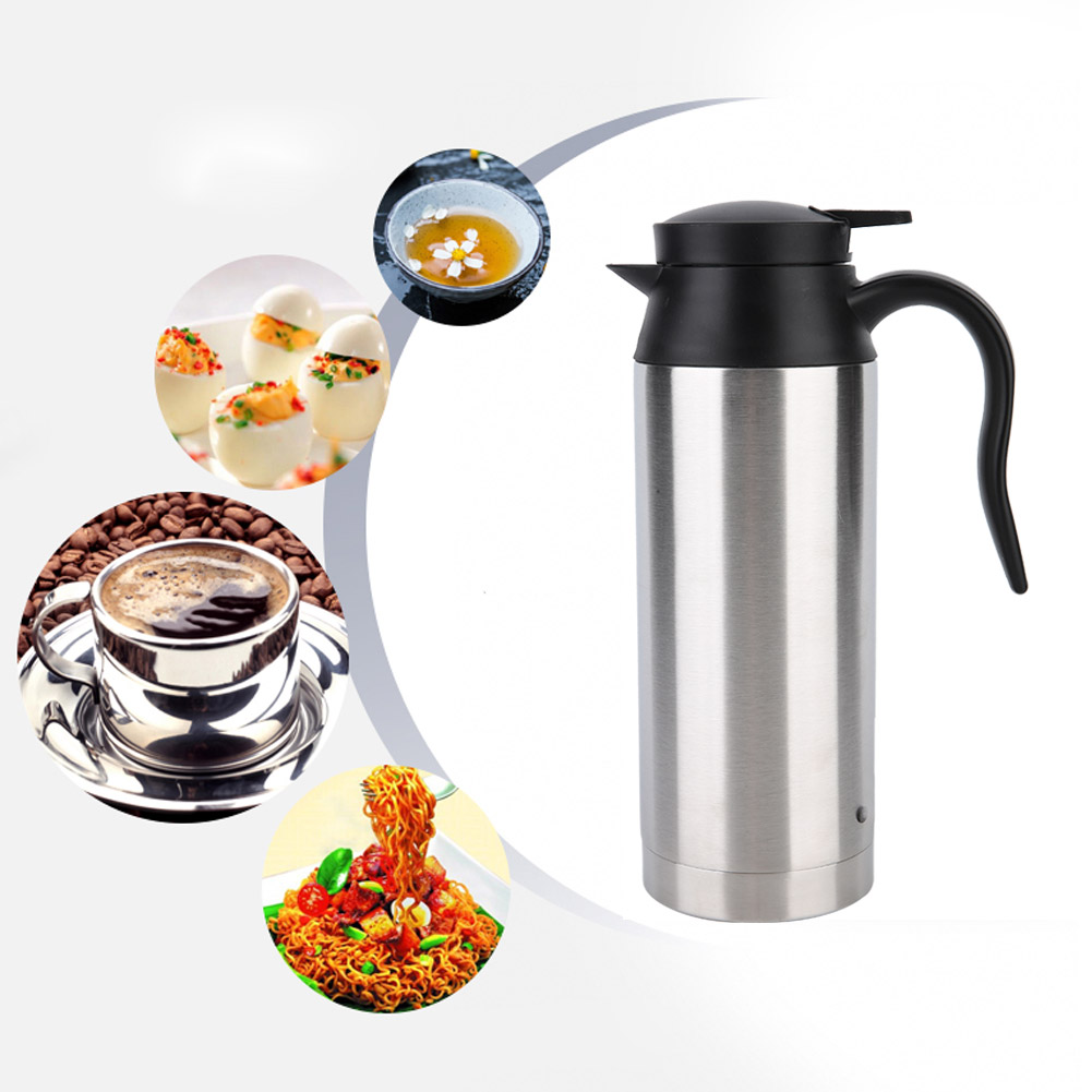 Eine Edelstahl-Thermoskanne mit schwarzem Griff und Deckel. Kleine Essensbilder umgeben die Thermoskanne: Kaffee, Eier, Suppe und Nudeln.