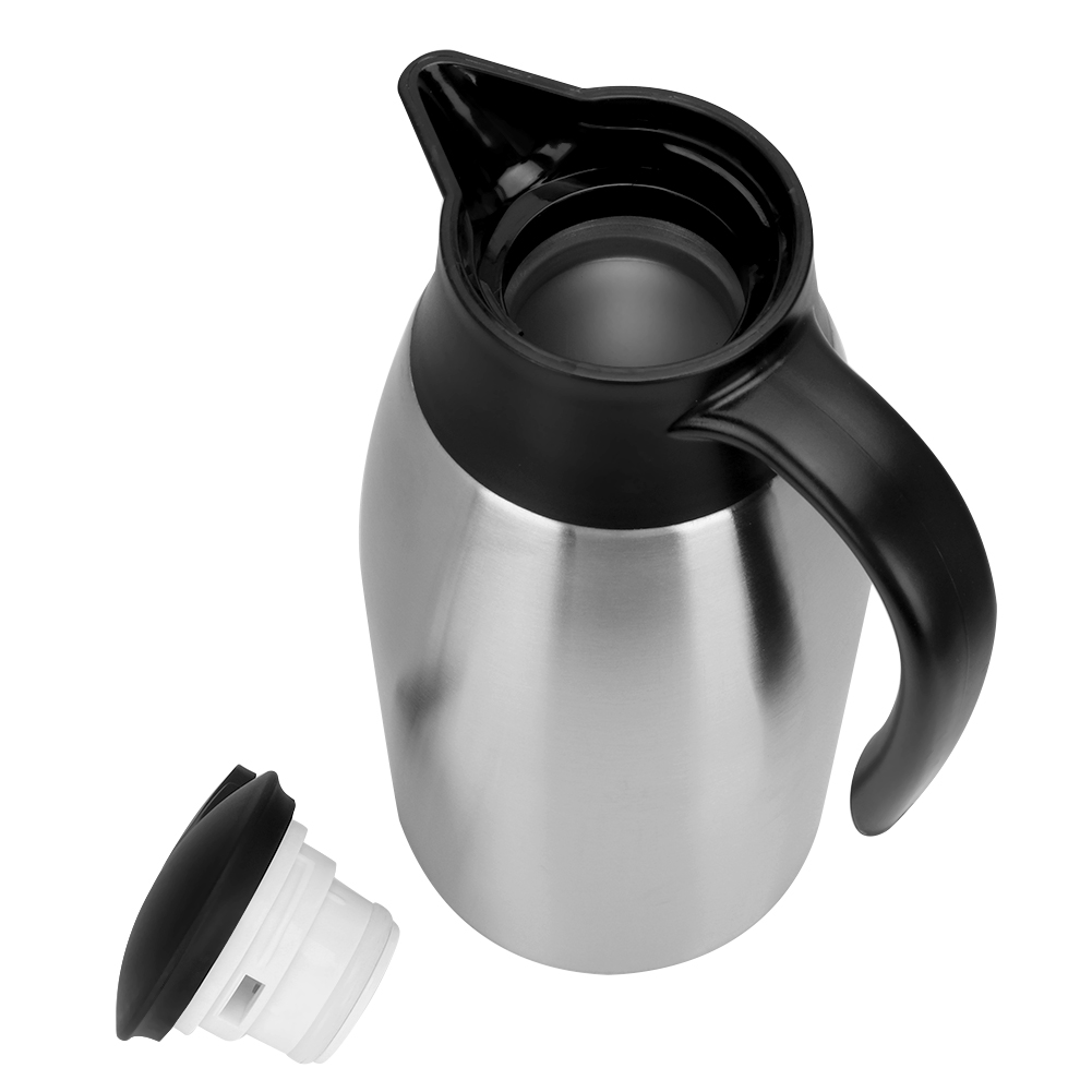 Eine Edelstahl-Thermokaraffe mit schwarzem Griff und Deckel, der Deckel ist abgenommen. Das Innere ist sichtbar, und der Hintergrund ist weiß.