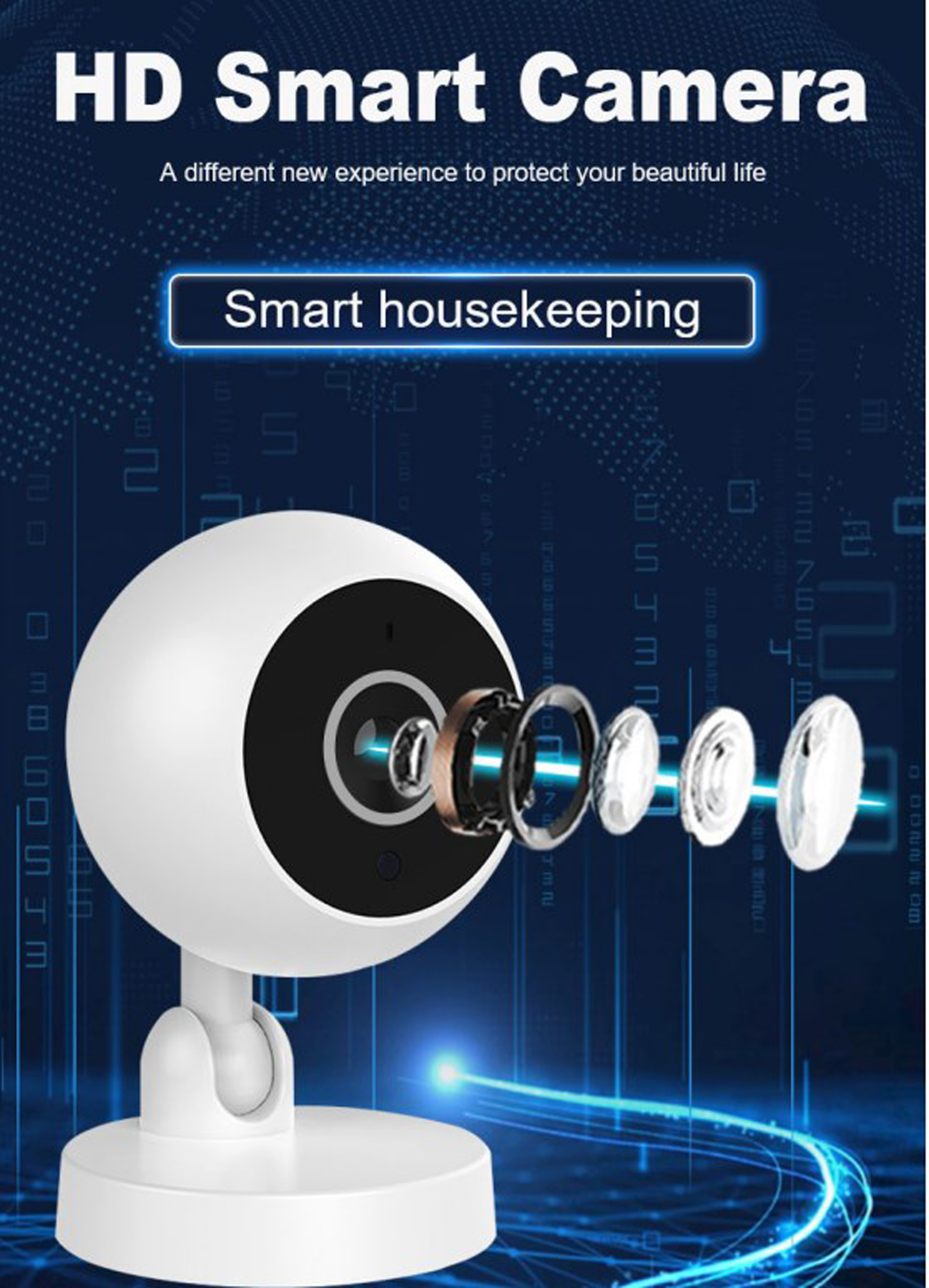 Weiße Smart-Kamera mit zerlegten Linsenelementen. Titel: HD Smart Camera. Blauer Hintergrund mit Linien.