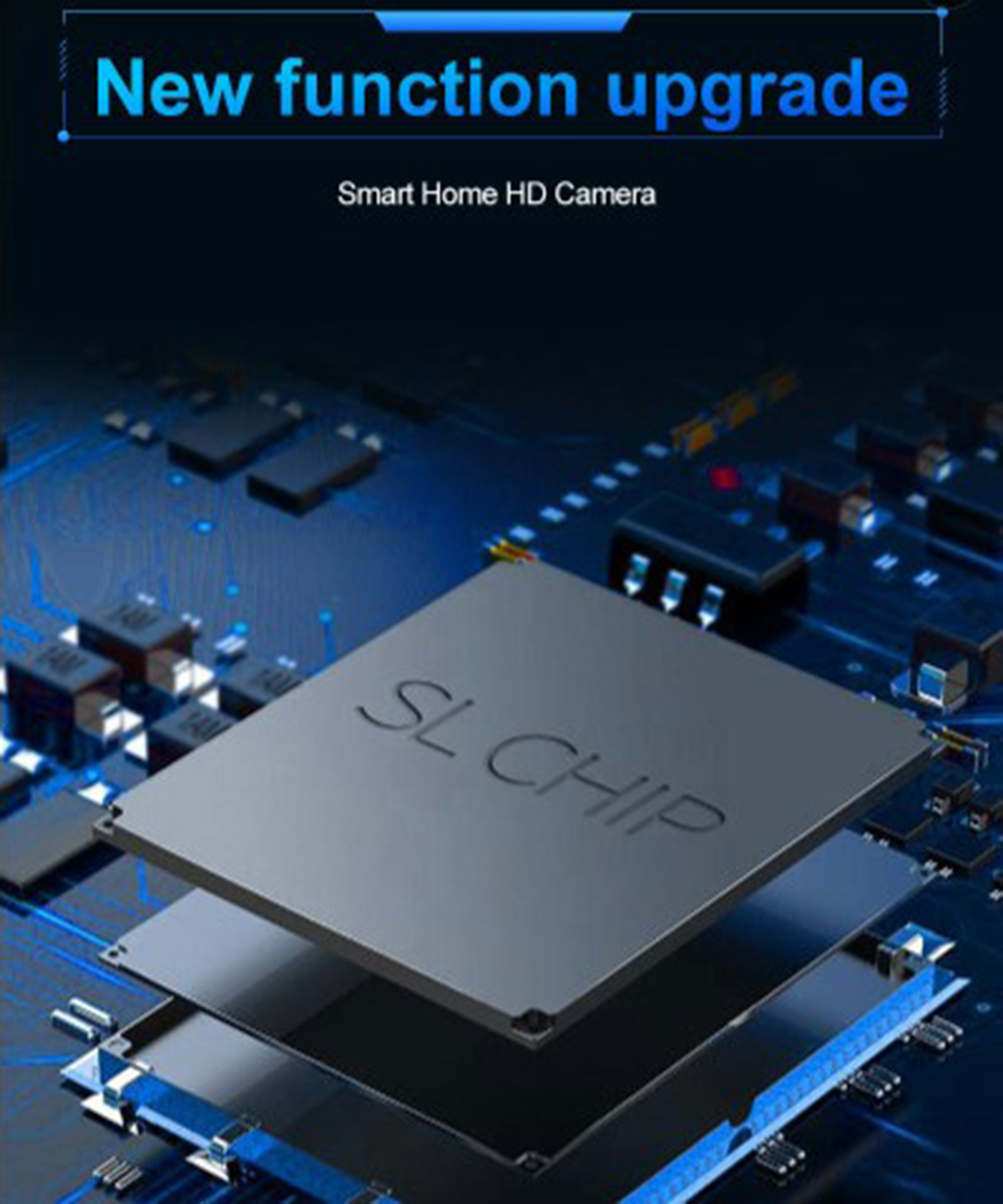 Das Bild zeigt eine Platine mit einem Chip mit der Aufschrift "SL CHIP". Der Text oben lautet "Neue Funktionsaktualisierung".