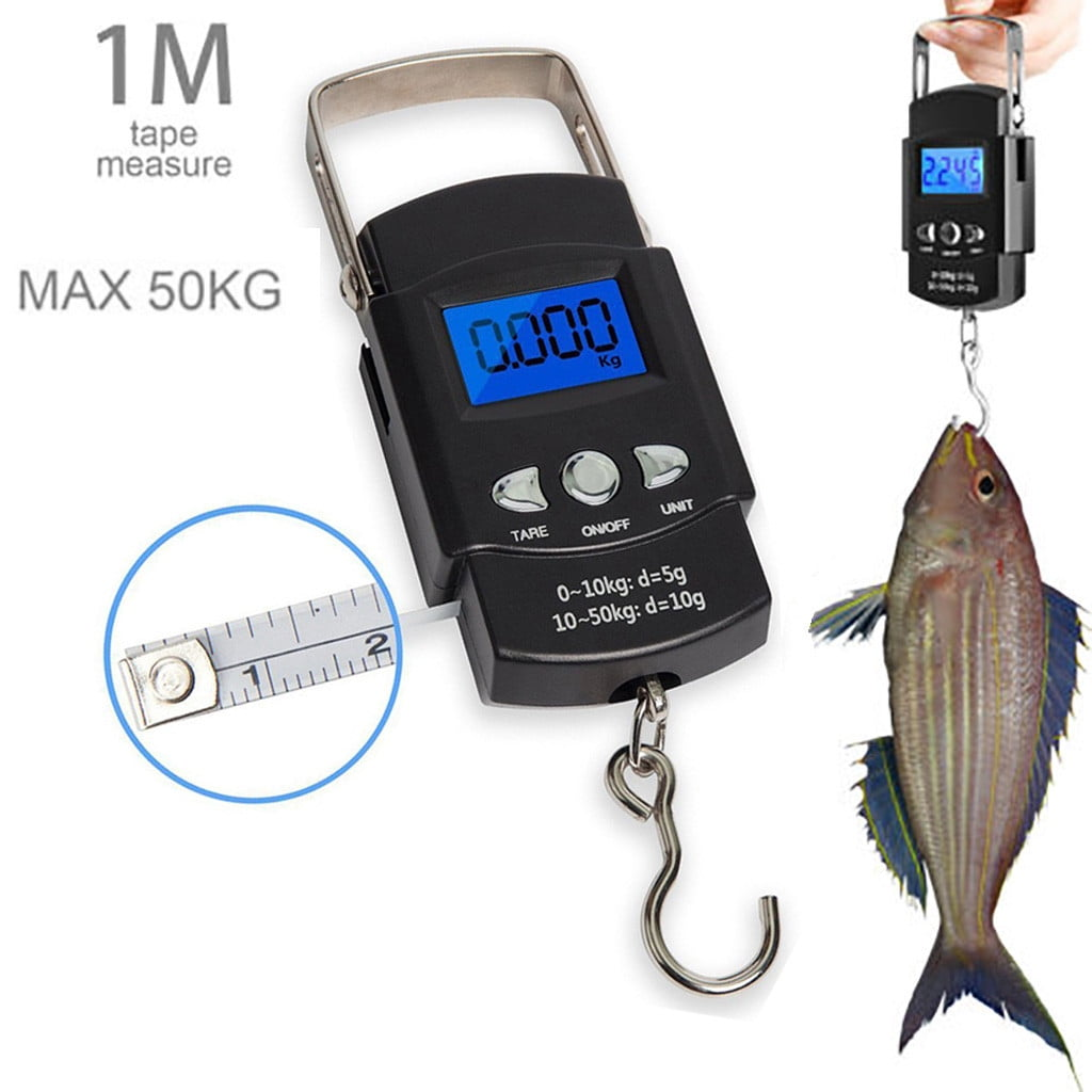 Eine schwarze Fischwaage mit blauem Display, das 0,000 kg anzeigt, ein Fisch, der am Haken hängt, und ein 1-Meter-Maßband.