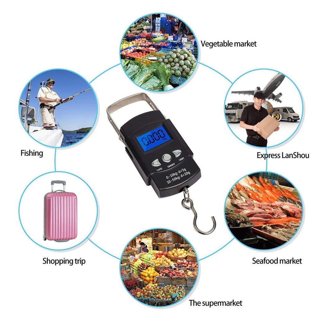 Eine digitale Waage mit blauem Display, umgeben von Bildern von Angeln, Gemüsemarkt, Expressdienst, Fischmarkt, Supermarkt und Gepäck.