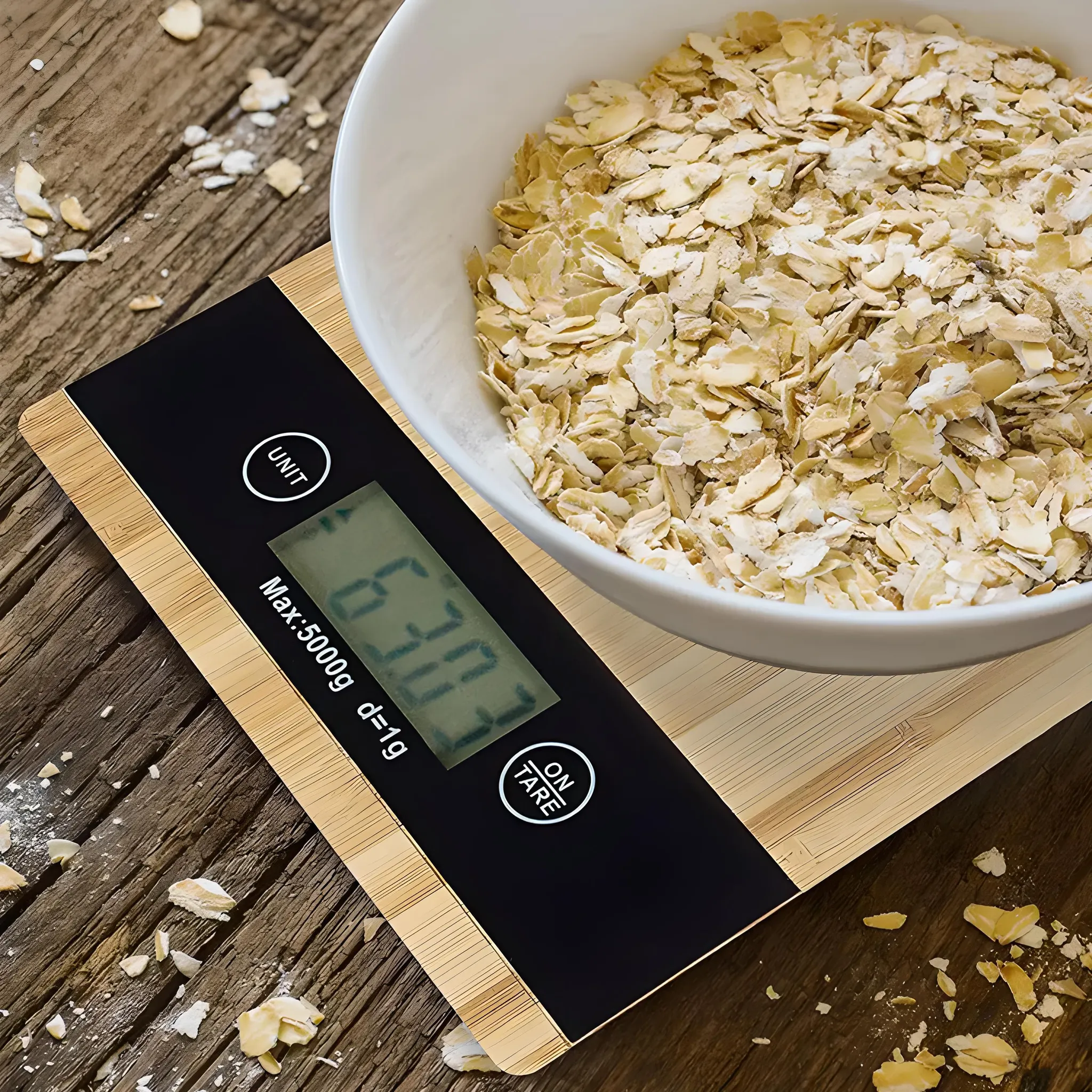 Eine Digitalwaage mit 630g Haferflocken in einer weißen Schüssel. Die Waage steht auf Holz, mit verstreuten Haferflocken.