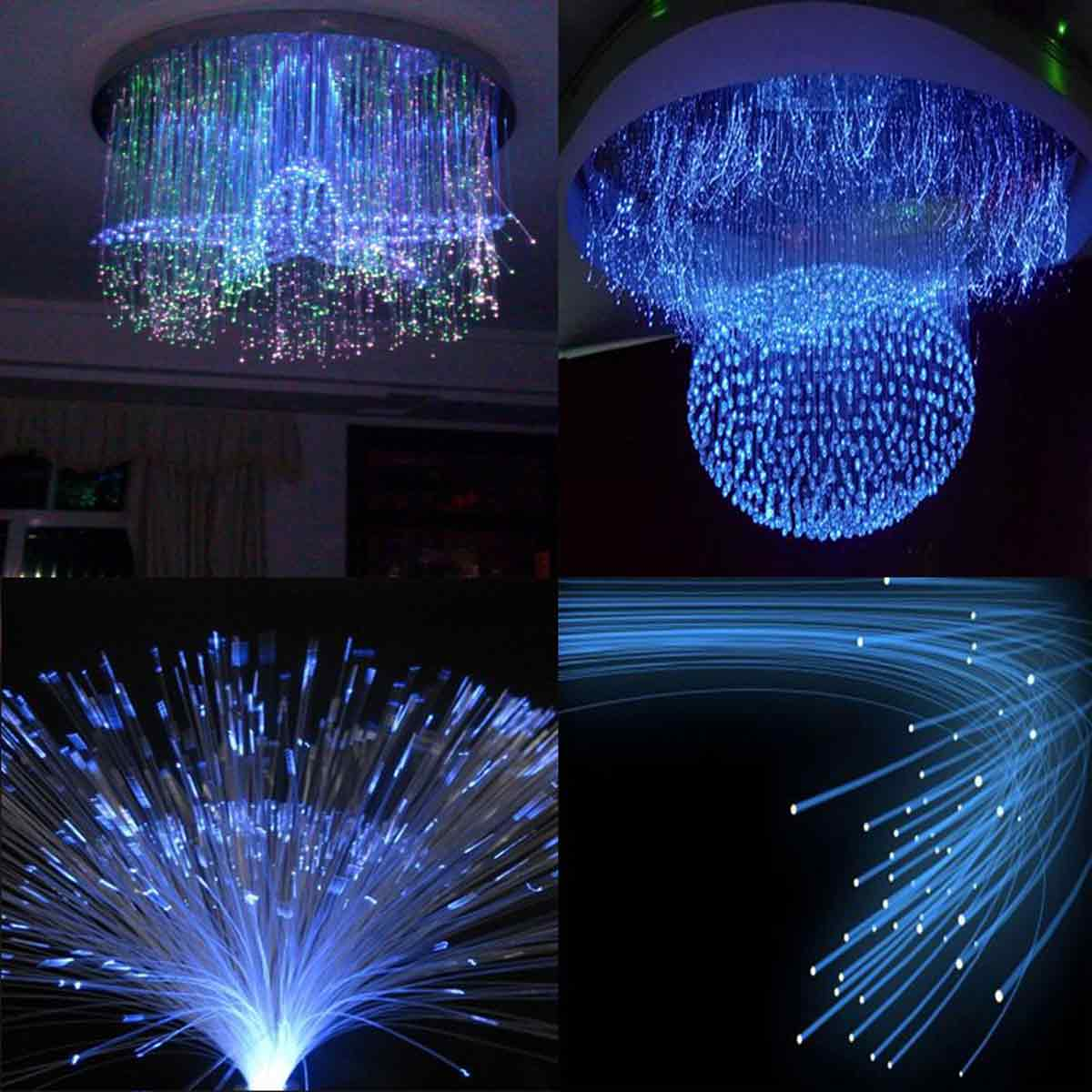 Eine Collage aus blauen Glasfaserlichtern. Die Bilder zeigen Kronleuchter, einen Lichtausbruch und fließende Stränge vor dunklem Hintergrund.