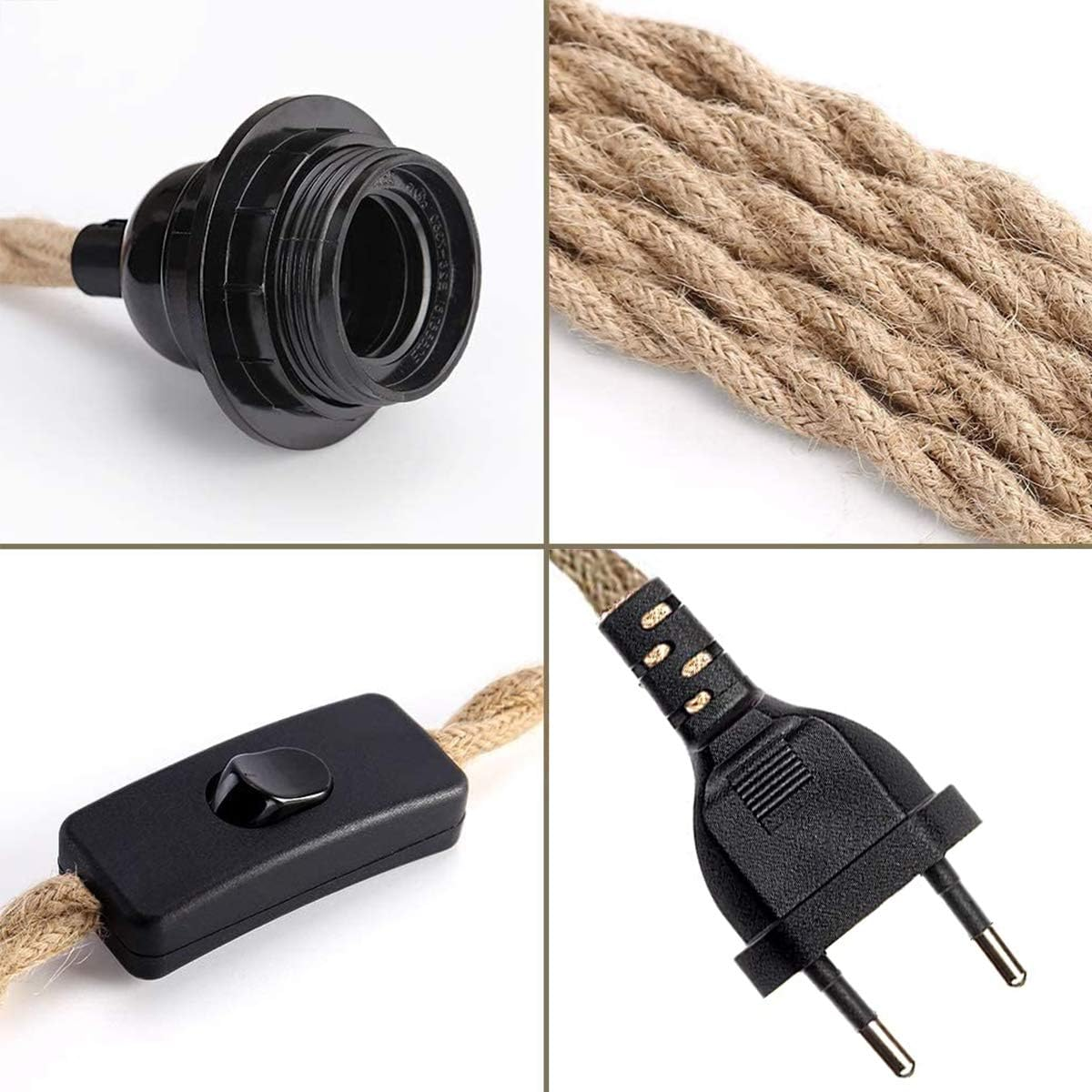 Vier Nahaufnahmen eines Lampenkabelsatzes. Es zeigt die Lampenfassung, das Seil, den Schalter und den Stecker. Alle Teile sind schwarz und braun.