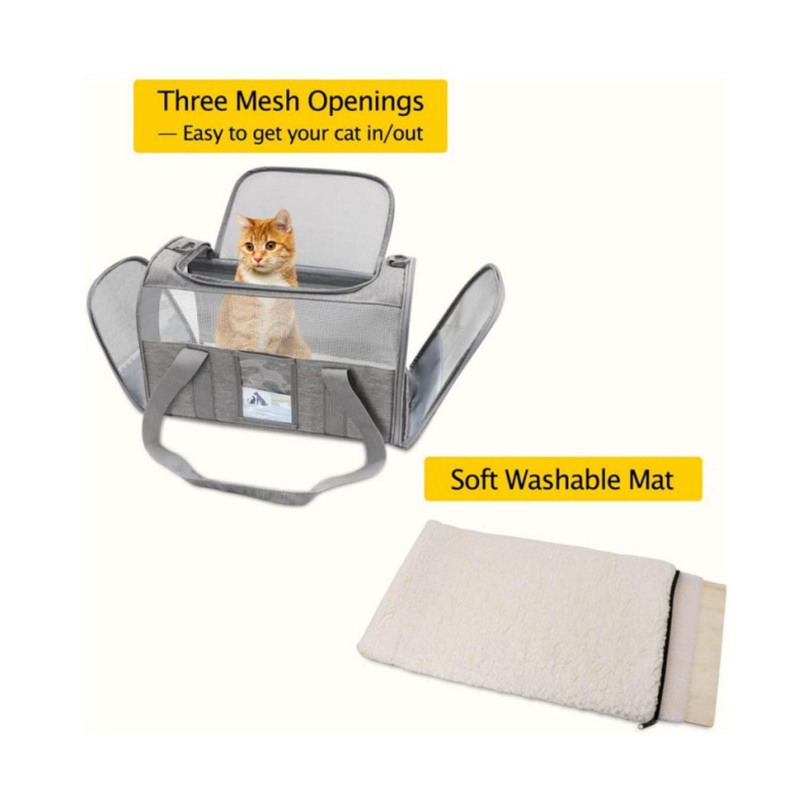 Eine Katzentransportbox mit Katze darin, eine weiche, waschbare Matte. Oben steht 'Three Mesh Openings'. Gelber Text 'Soft Washable Mat'.