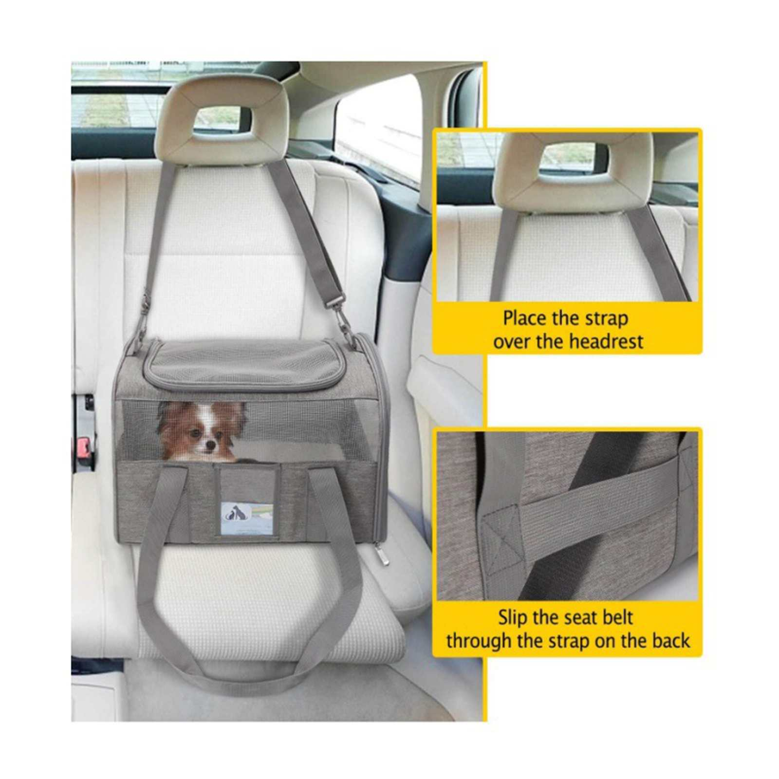 Ein Hund in einer grauen Transporttasche im Auto. Anweisungen zeigen, wie die Tasche mit Gurten und Sicherheitsgurten befestigt wird.