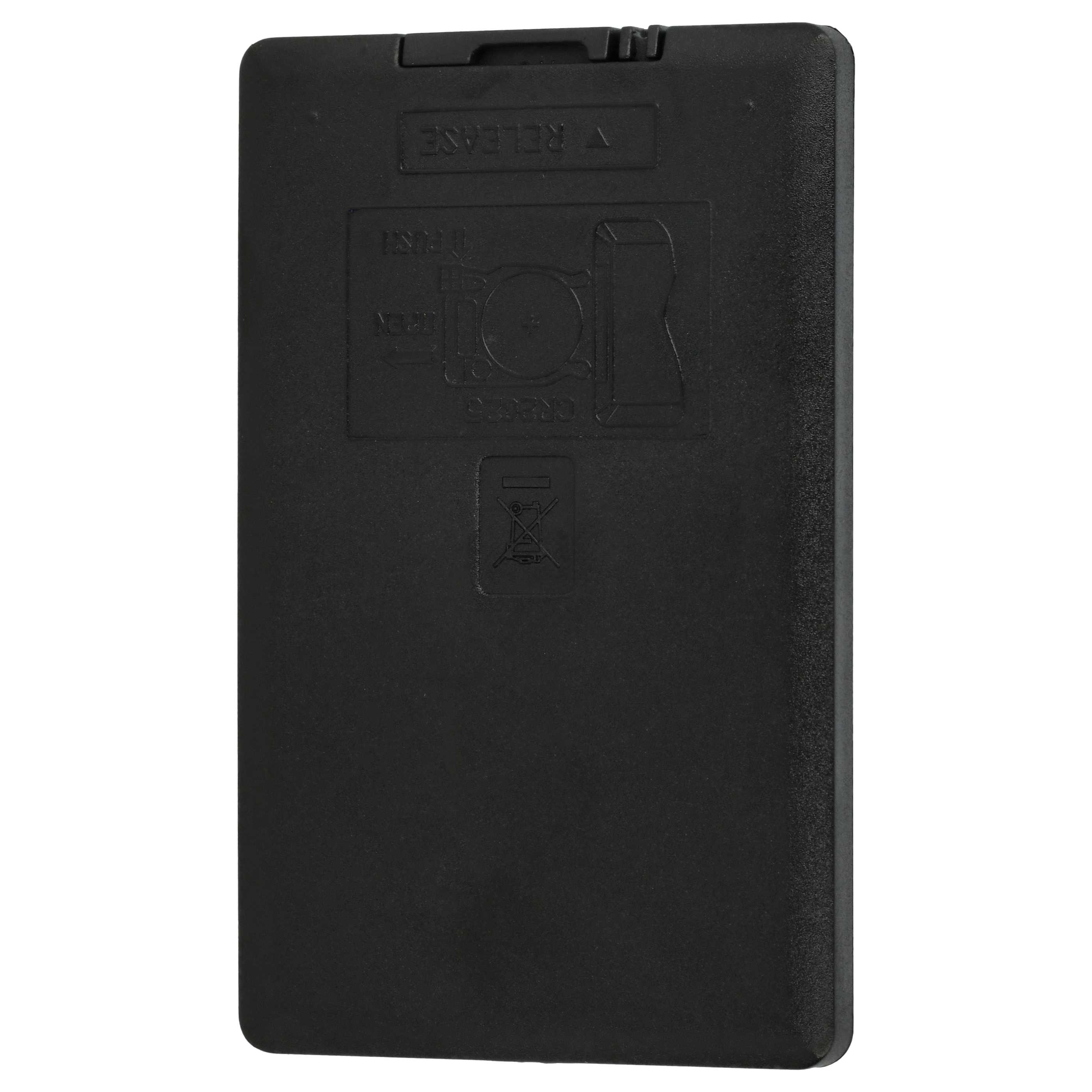 Schwarze Batterieabdeckung mit geprägtem Text und Symbolen. Text enthält 'RELEASE', 'PUSH', 'CR2032' und ein Entsorgungssymbol.