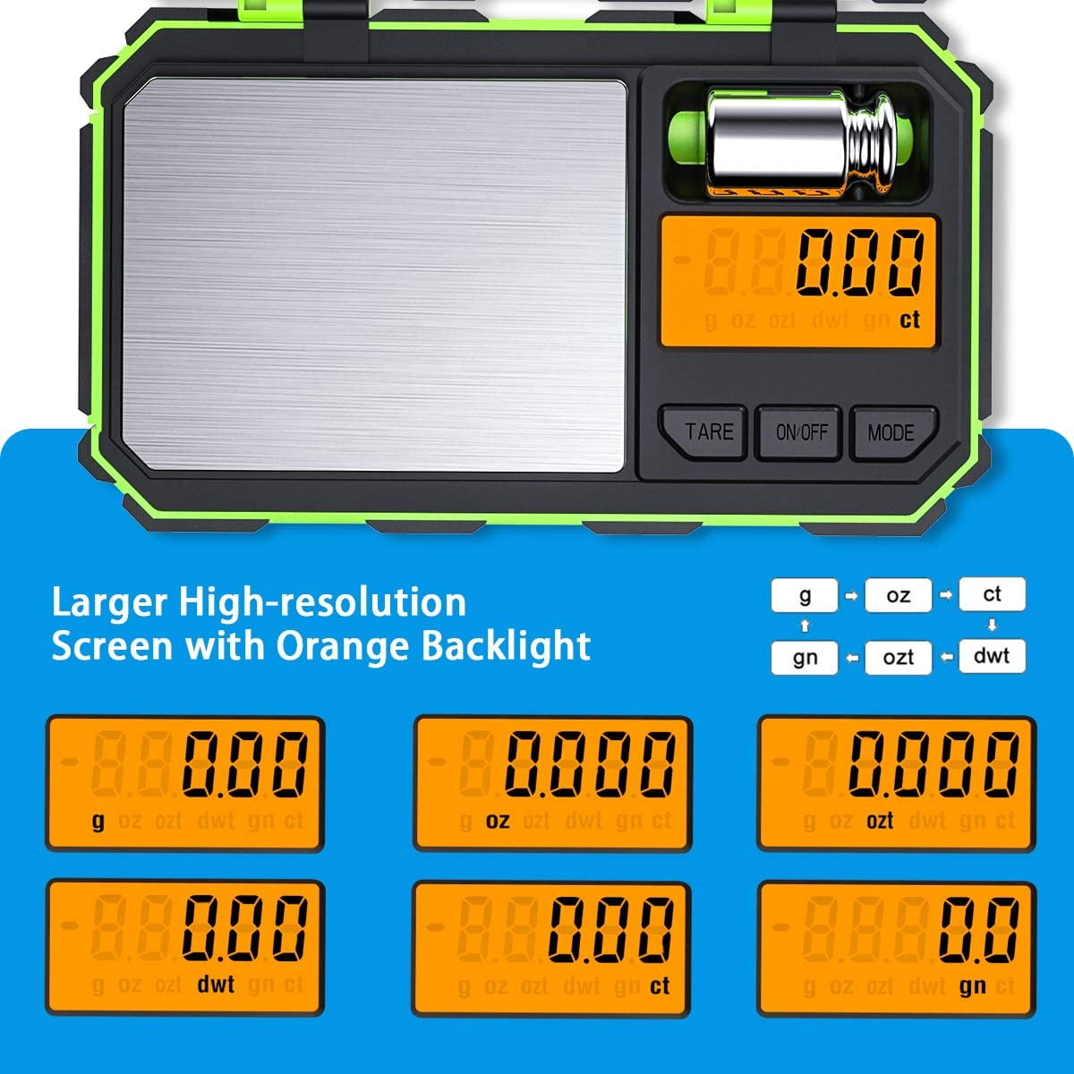 Eine Digitalwaage mit orangefarbenem Display, das 0,00 anzeigt. Sie hat einen größeren Bildschirm und Tasten für Tara, Ein/Aus und Modus.