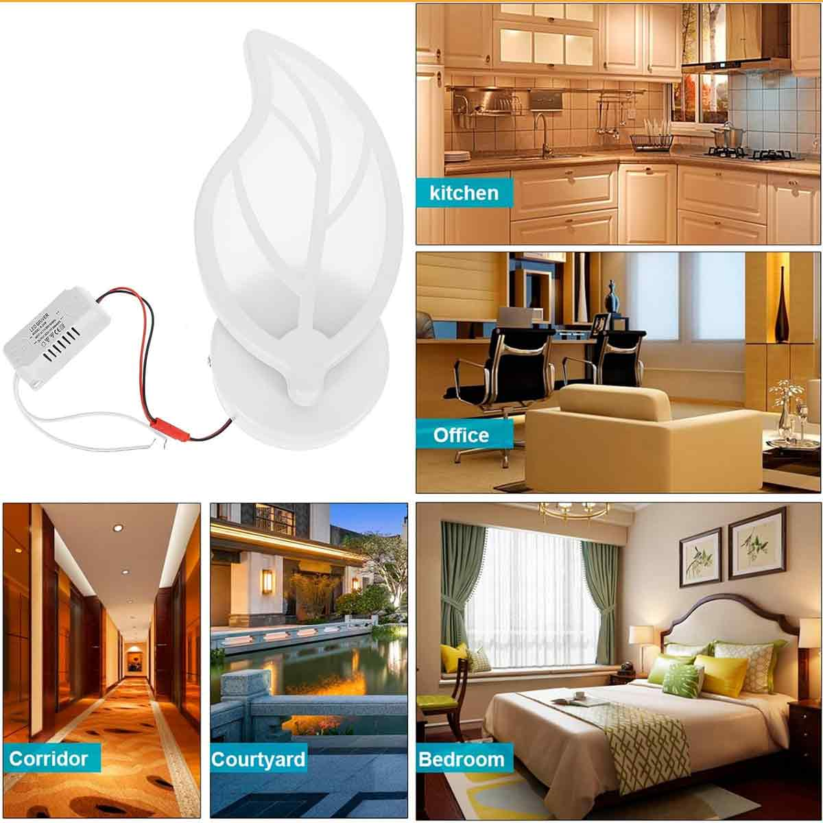 Eine blattförmige LED-Wandleuchte mit Netzteil und Bilder von Küche, Büro, Flur, Innenhof und Schlafzimmer.