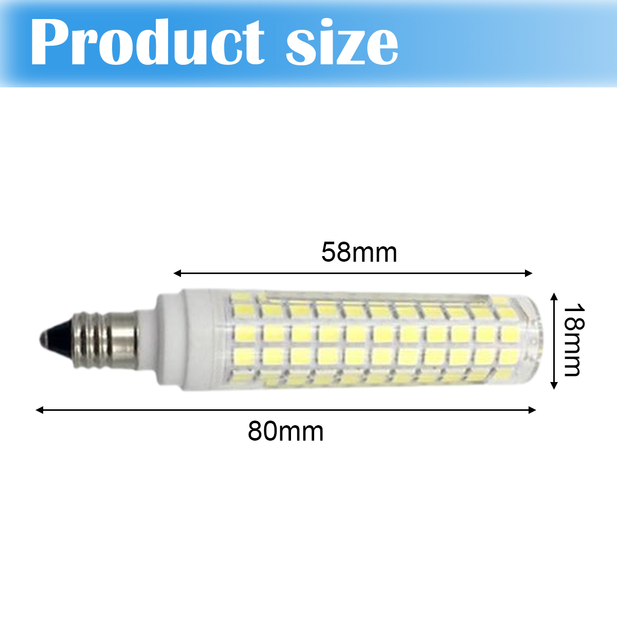 Ein Bild der Produktgröße. Eine Glühbirne mit den Maßen: 80 mm Länge, 58 mm Länge und 18 mm Breite.